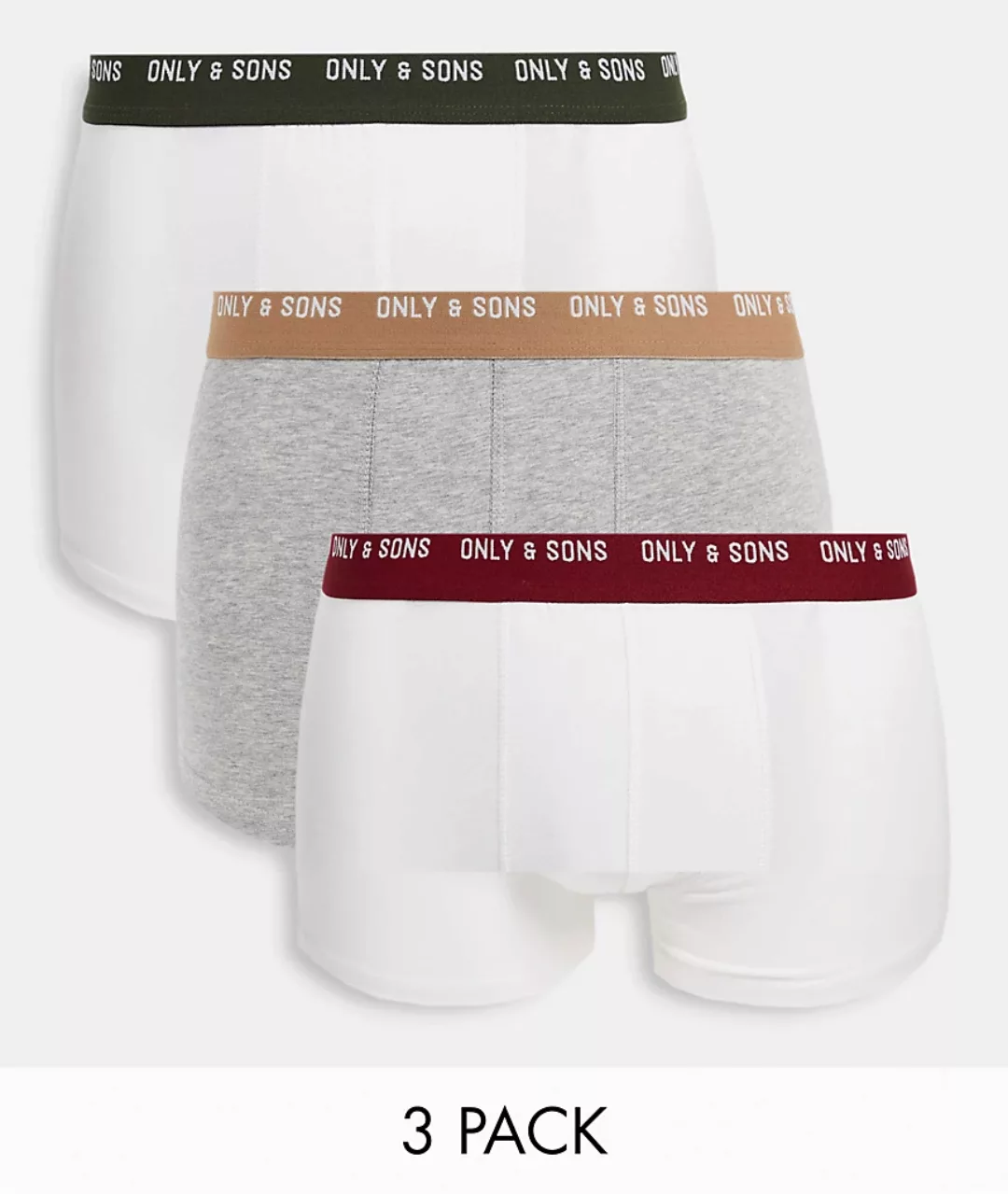 Only & Sons – 3er-Pack Unterhosen in Grau und Weiß mit kontrastierendem Log günstig online kaufen