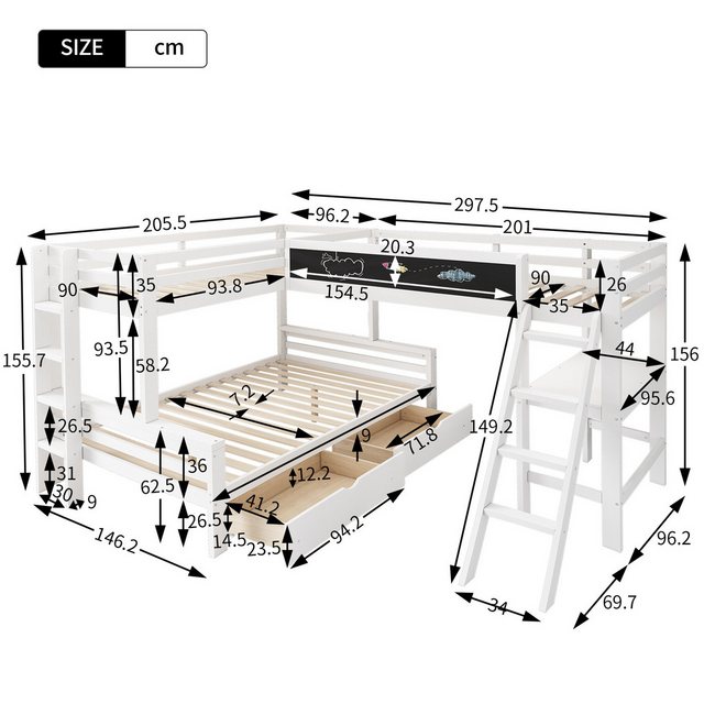 Flieks Etagenbett, Kinderbett Dreierbett + Schubladen Schreibtisch 140x200c günstig online kaufen