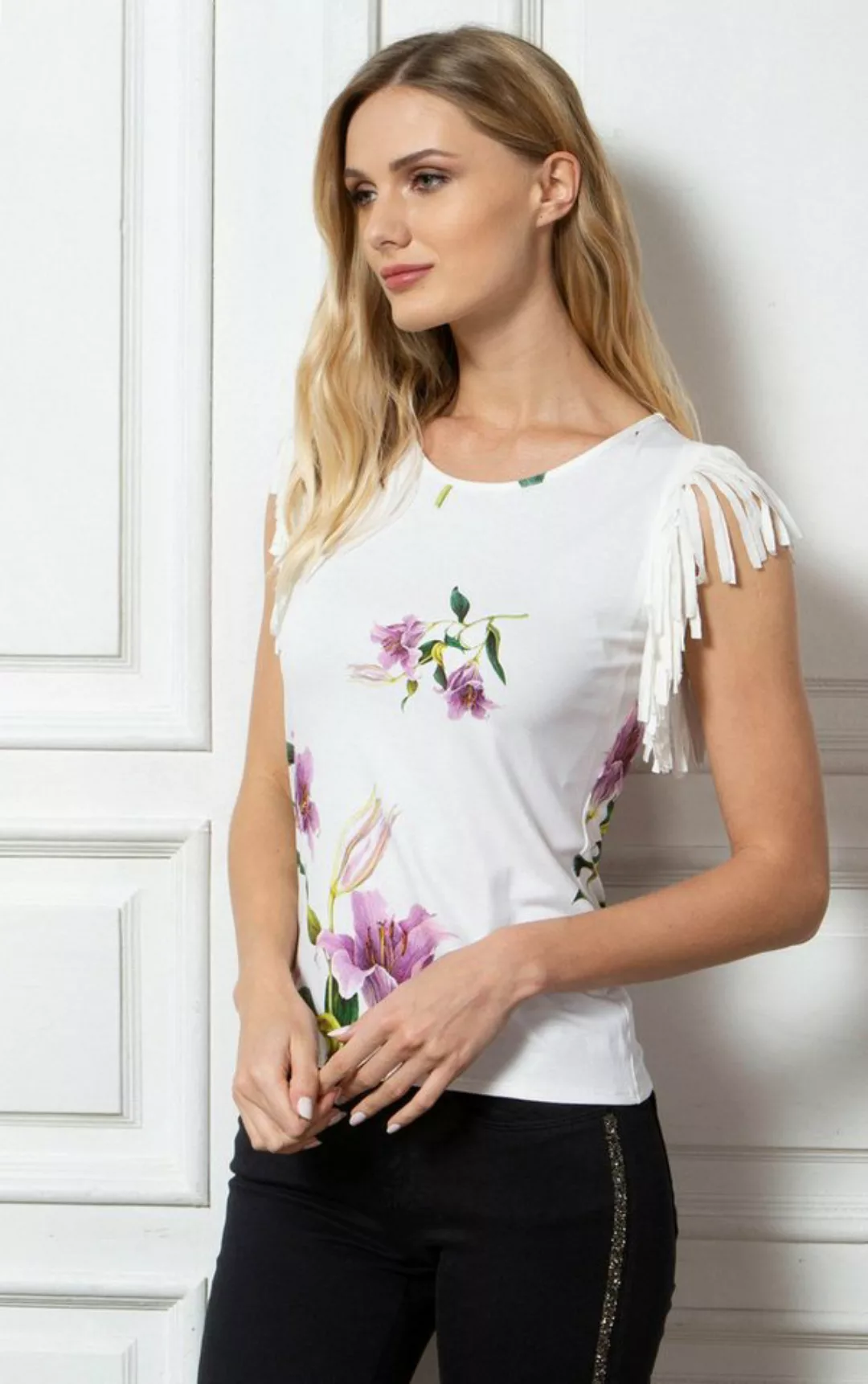 Passioni T-Shirt Weißes sommerliches ärmelloses T-Shirt mit Lilien-Print un günstig online kaufen