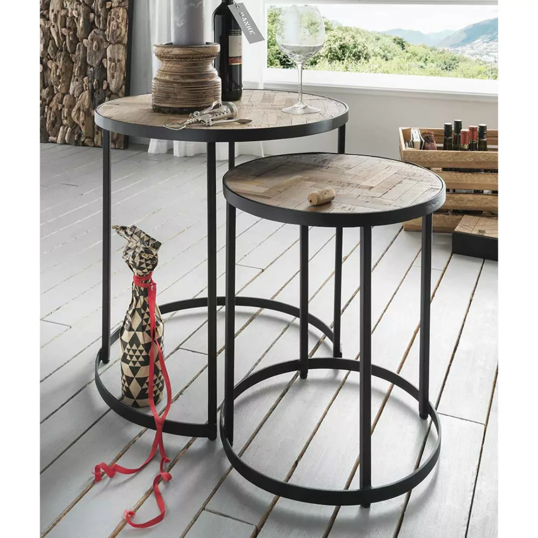 Runde Wohnzimmer Tische im Industrie Stil Recyclingholz & Metall (zweiteili günstig online kaufen