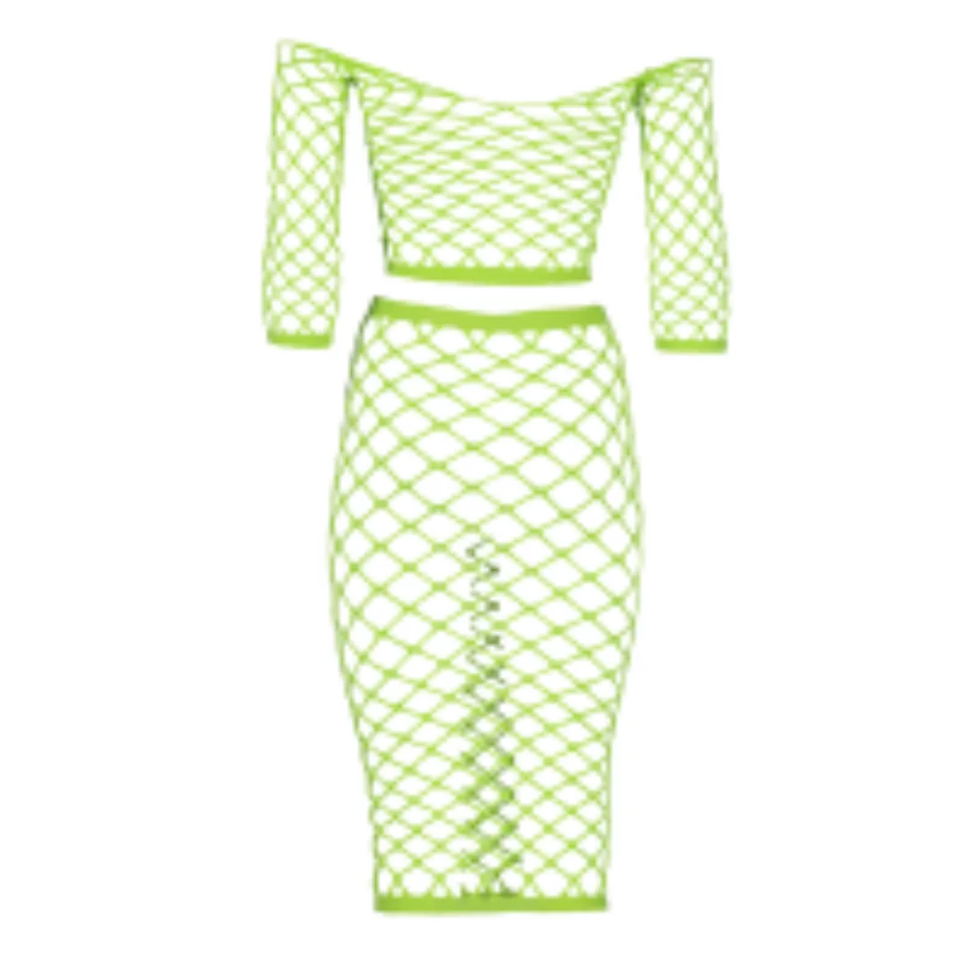 Long Sleeve Crop Top and Long Skirt - One Size - Neon Green günstig online kaufen