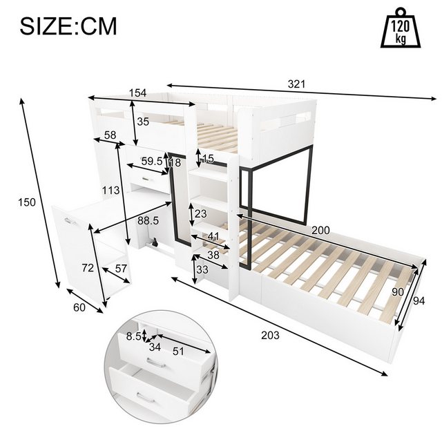 HAUSS SPOLE Etagenbett 90x200cm mit Schreibtisch und Garderobe, Schublade, günstig online kaufen