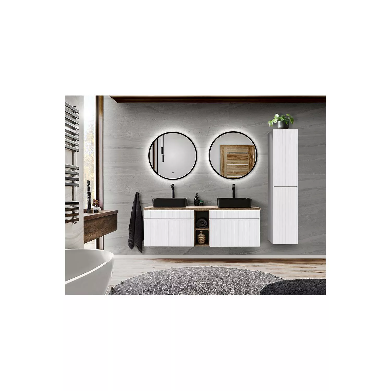 Badmöbel Set in weiß matt mit Vintage Eiche Nb. IRAKLIO-56 Doppel Waschtisc günstig online kaufen