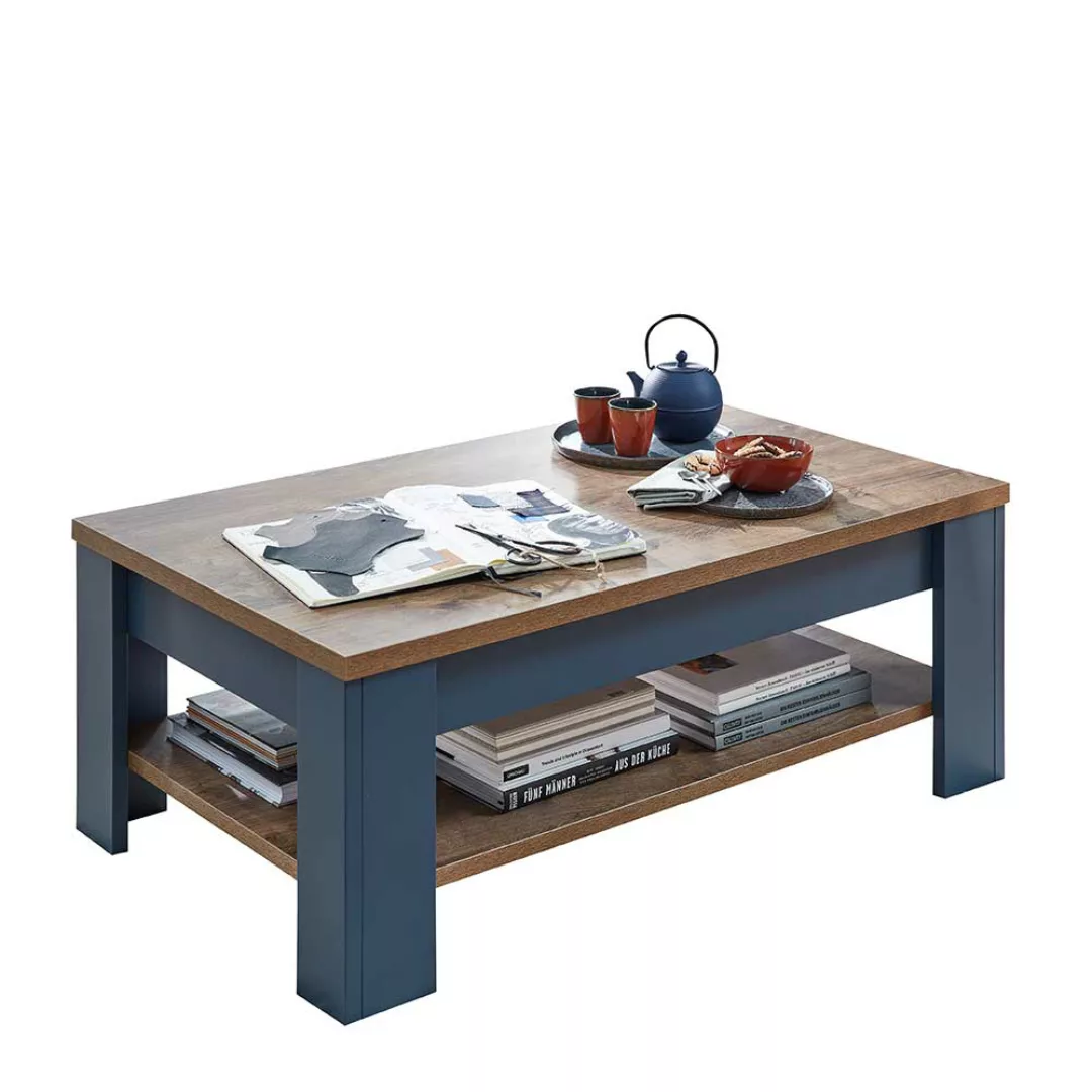 Rechteckiger Wohnzimmer Tisch in Eiche dunkel und Blau 110 cm breit günstig online kaufen