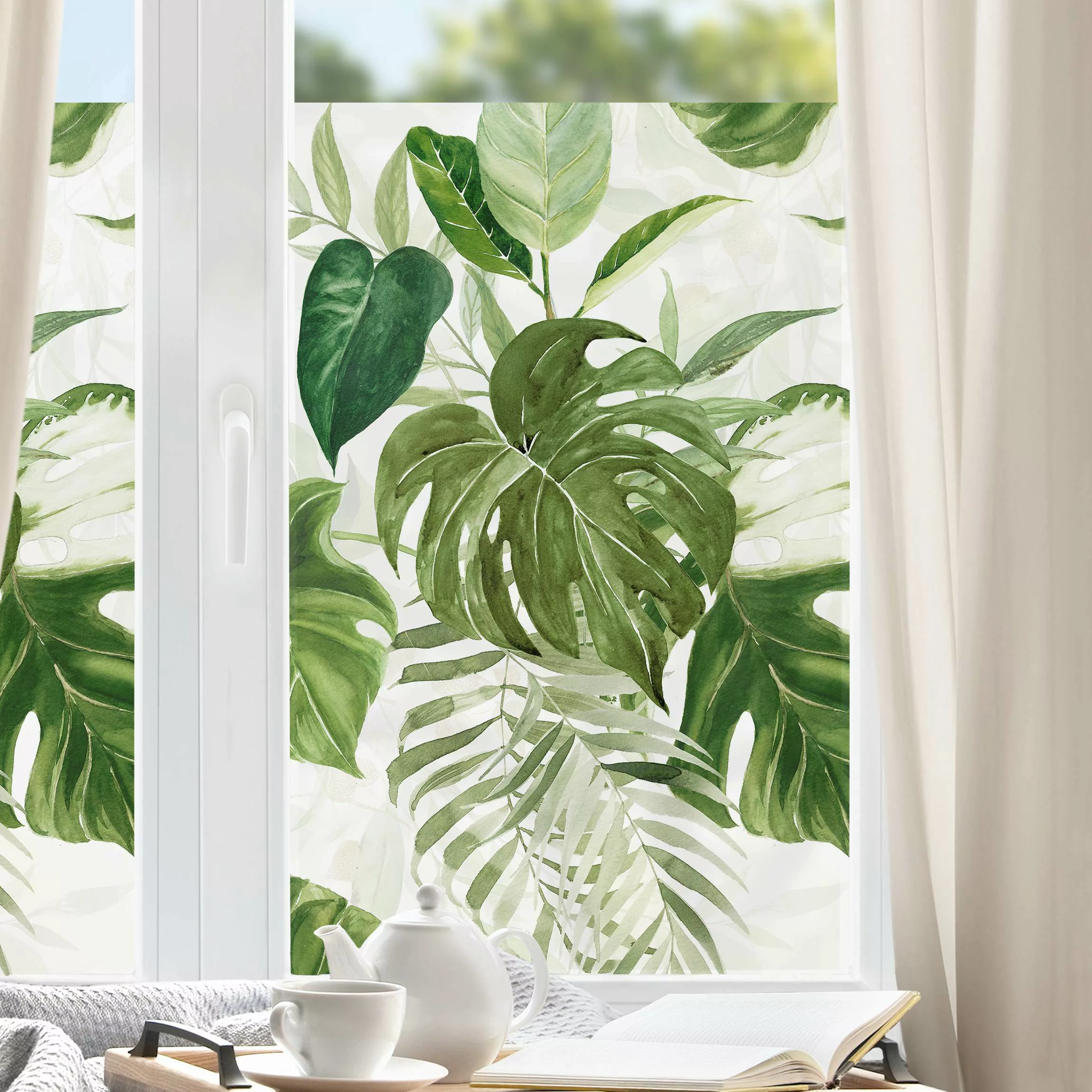 Fensterfolie Aquarell Tropisches Arrangement mit Monstera günstig online kaufen