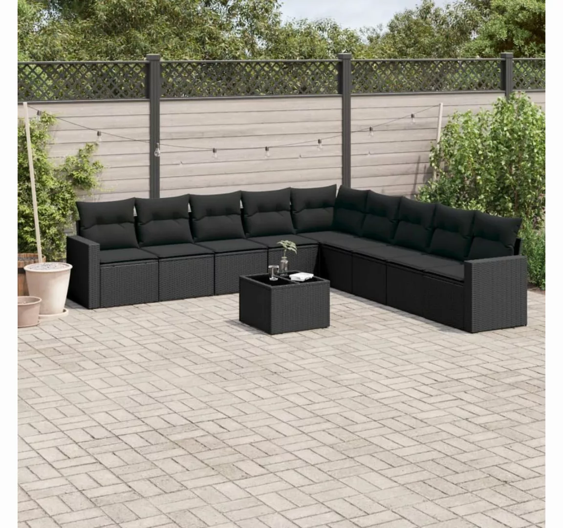 vidaXL Loungesofa 10-tlg. Garten-Sofagarnitur mit Kissen Schwarz Poly Ratta günstig online kaufen