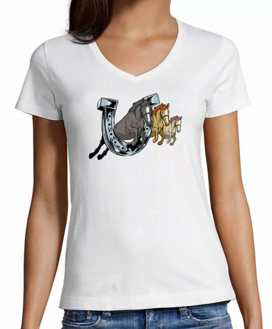 MyDesign24 T-Shirt Damen Pferde Print Shirt - Pferd springt durch Hufeisen günstig online kaufen