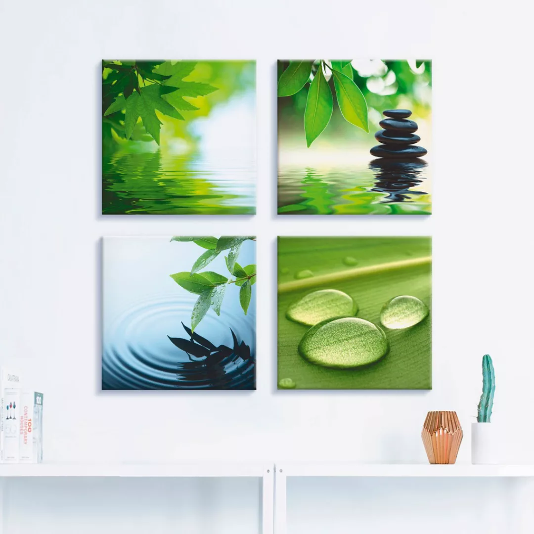 Artland Leinwandbild "Blätter Wasser Zen Steinpyramide Tropfen", Zen, (4 St günstig online kaufen