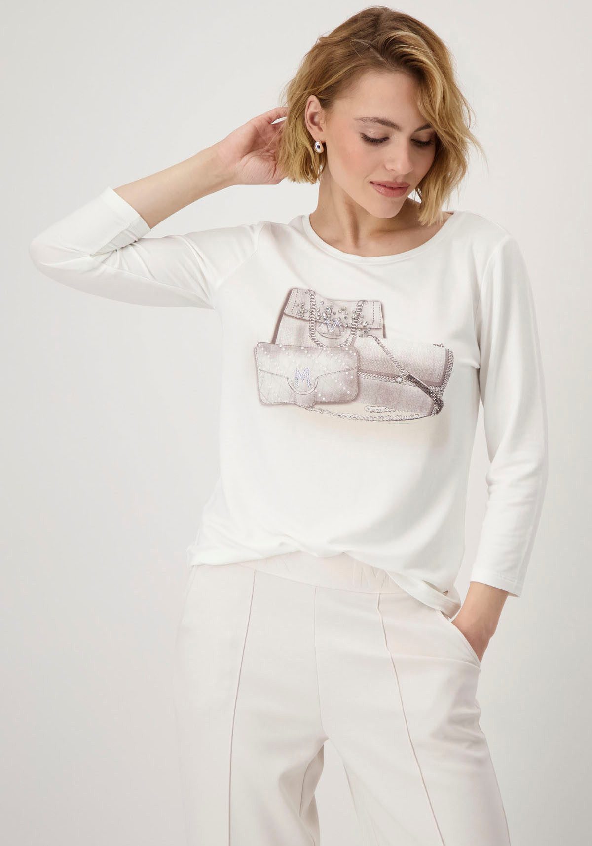 Monari Rundhalsshirt mit Frontprint und Glitzernieten günstig online kaufen