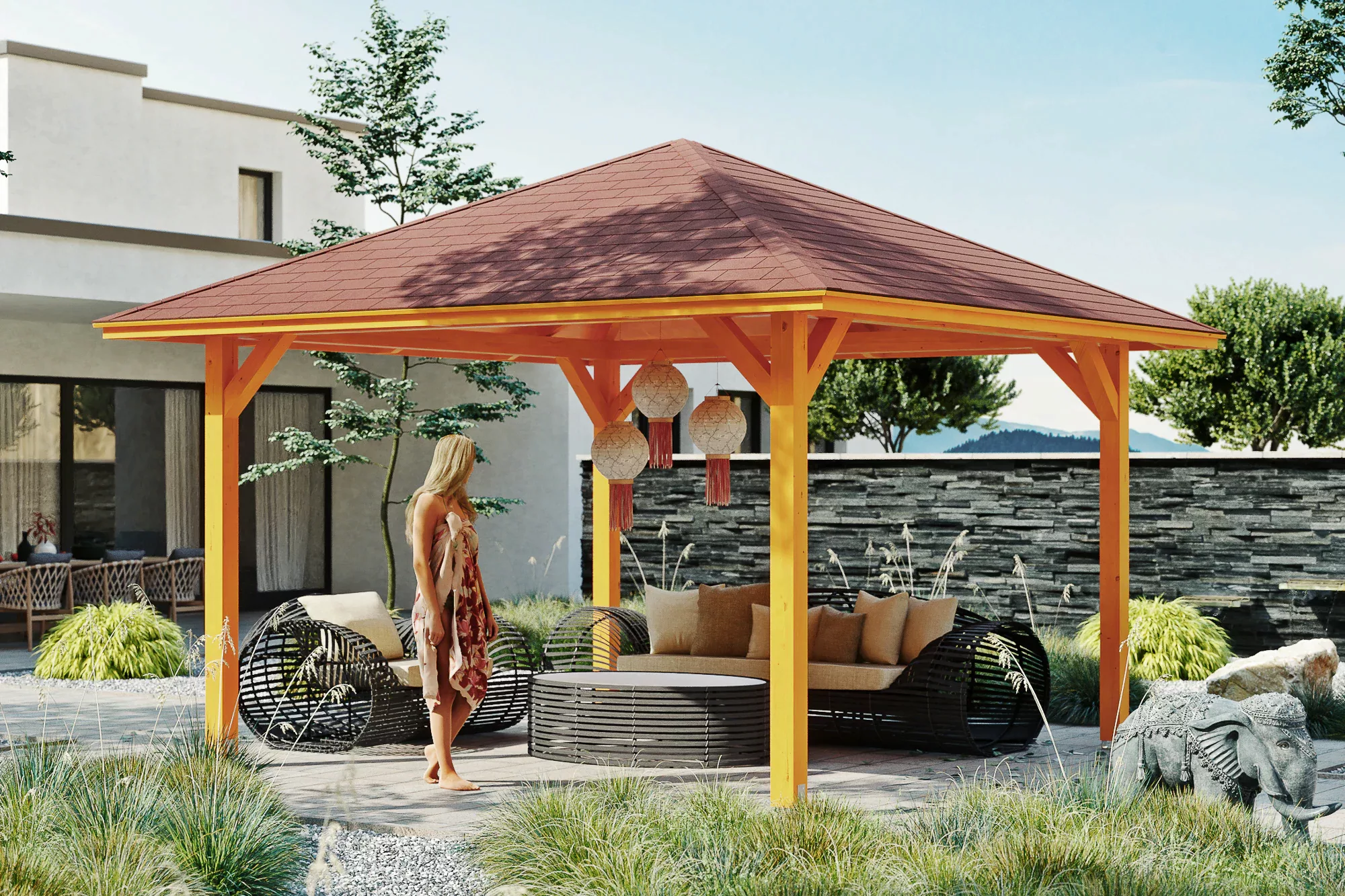 Skan Holz Holz-Pavillon Cannes 2 Nussbaum lasiert 359 cm x 359 cm günstig online kaufen
