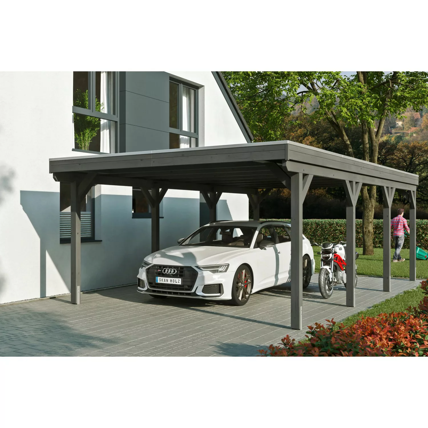 Skan Holz Carport Grunewald 427 cm x 796 cm mit EPDM-Dach Schiefergrau günstig online kaufen