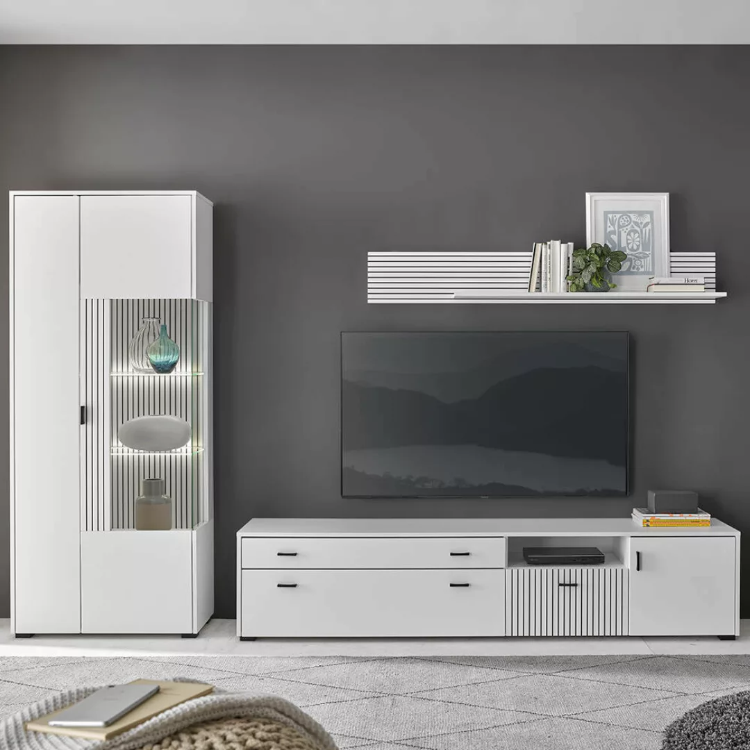TV Wohnwand mit Lowboard 200cm weiß matt schwarz gerillt HUNTER-61, 3-teili günstig online kaufen