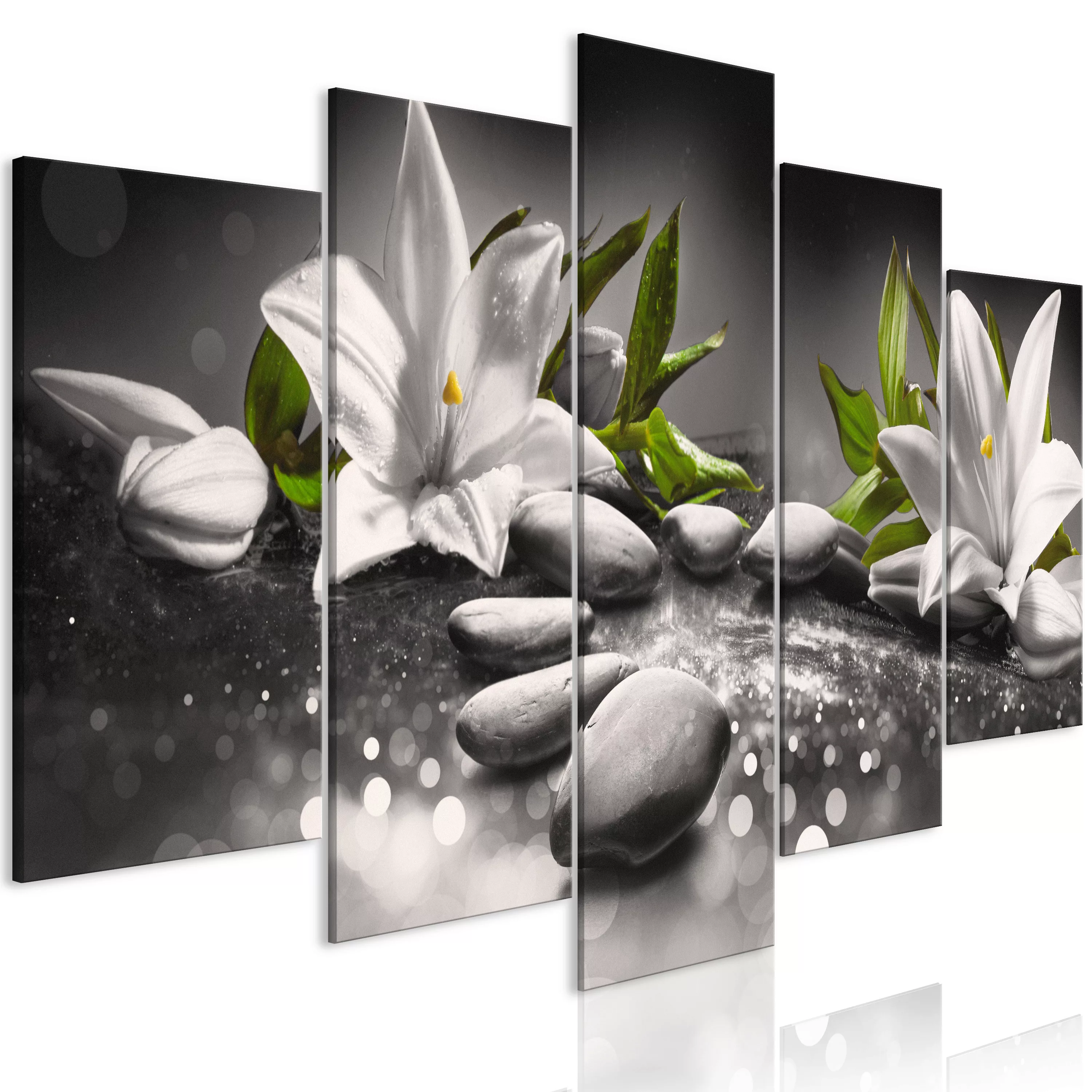 Wandbild - Lilies And Stones (5 Parts) Wide Grey günstig online kaufen