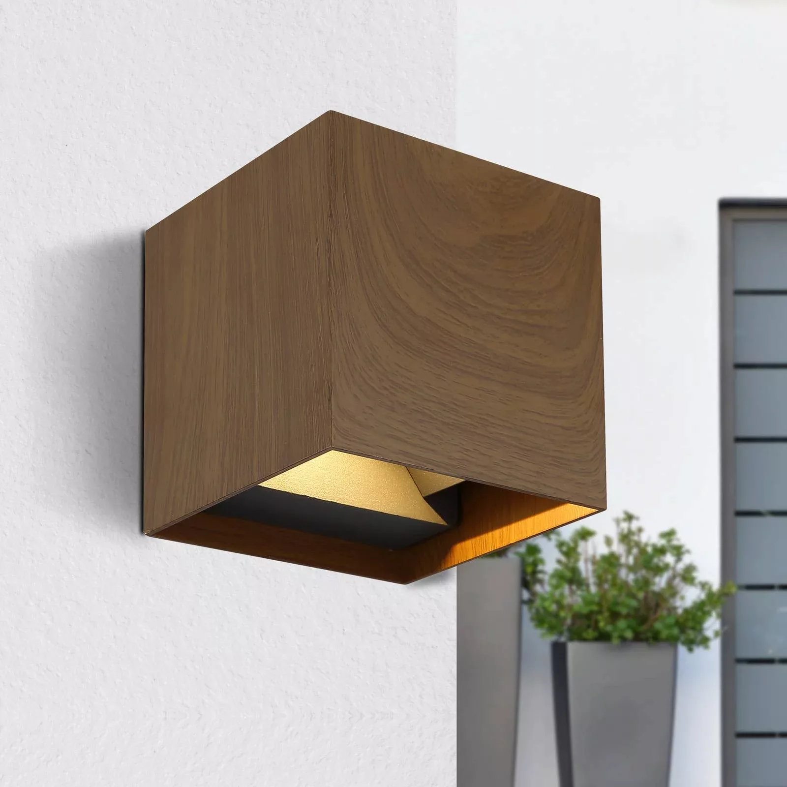 Außenwandlampe Veronika up/down Würfel Holzoptik günstig online kaufen