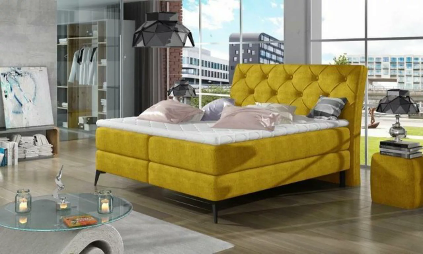 JVmoebel Bett Luxus Boxspring Bett Stoff Hotel Grün Betten Schlafzimmer Möb günstig online kaufen