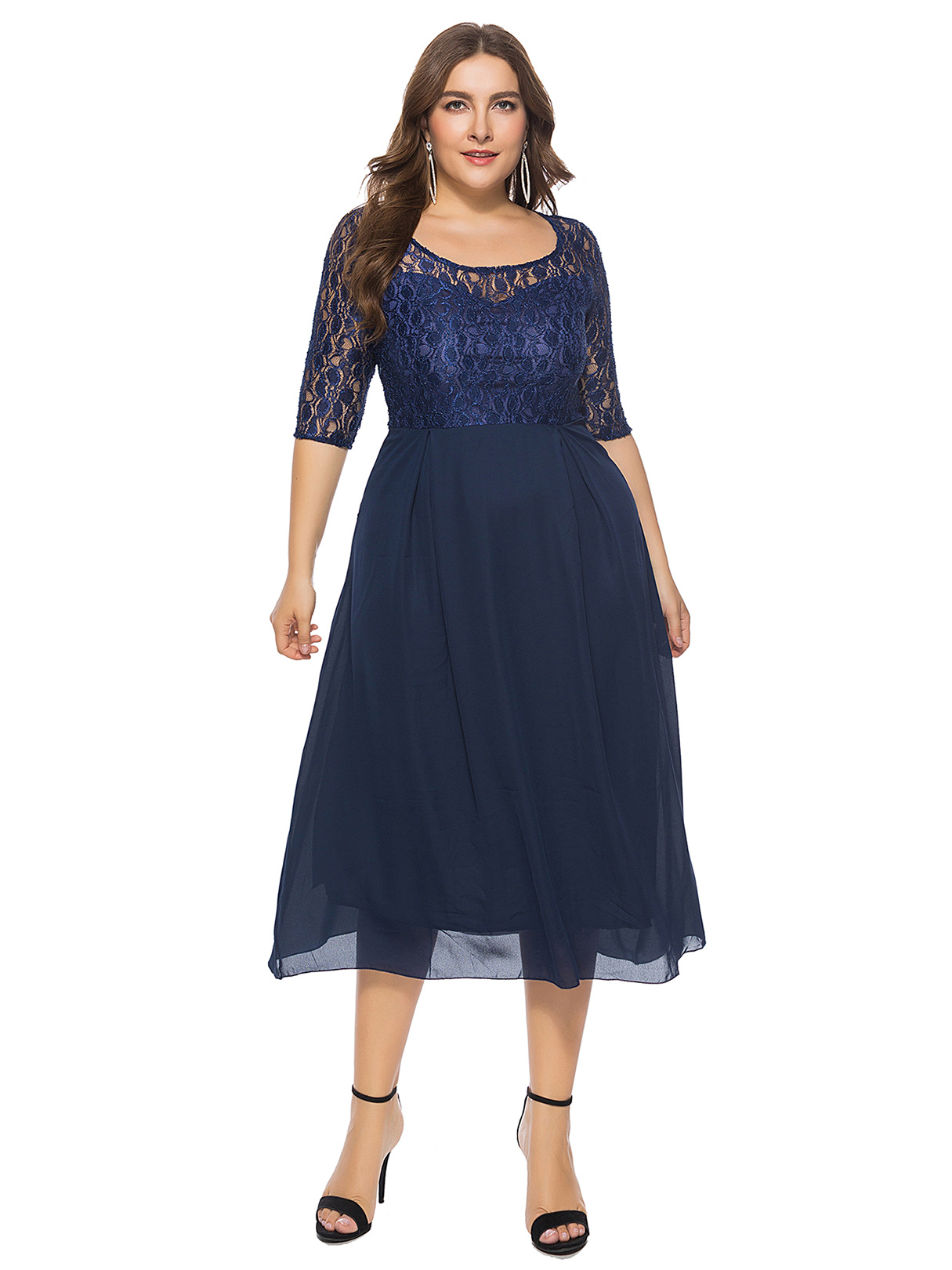 Plus Size Rundhals-Spitze Halbarm Midi Kleid günstig online kaufen