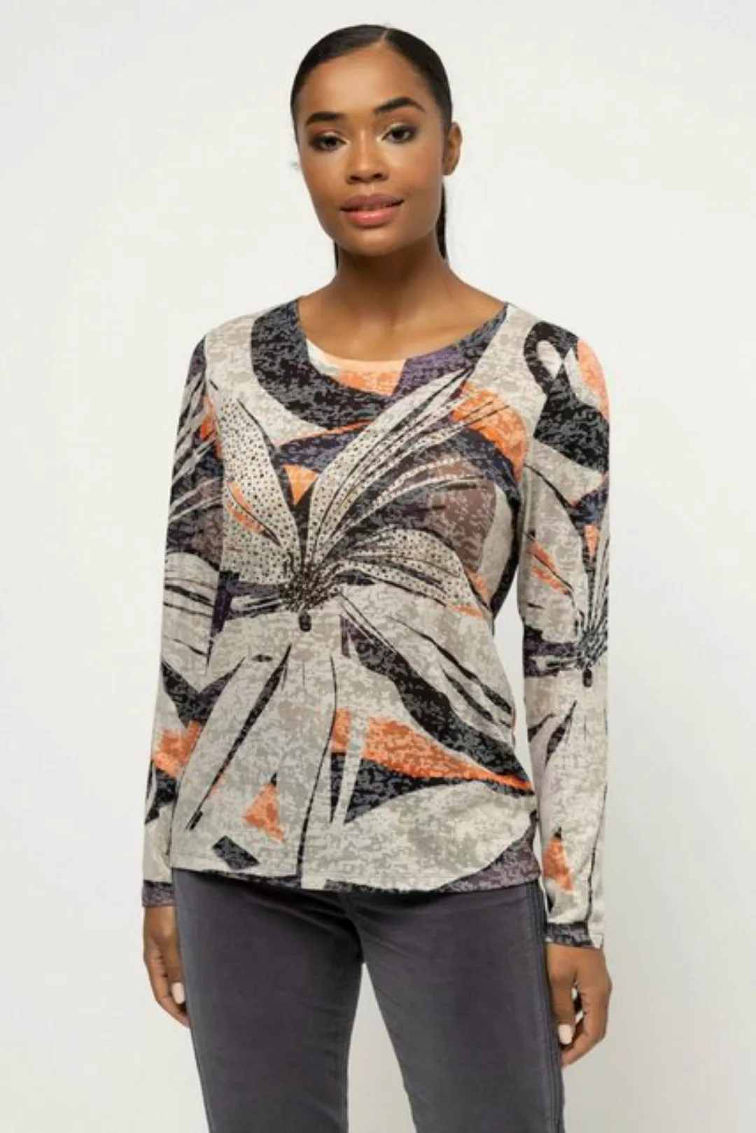 Gina Laura Rundhalsshirt T-Shirt Regular Fit Ausbrenner-Jersey Langarm günstig online kaufen