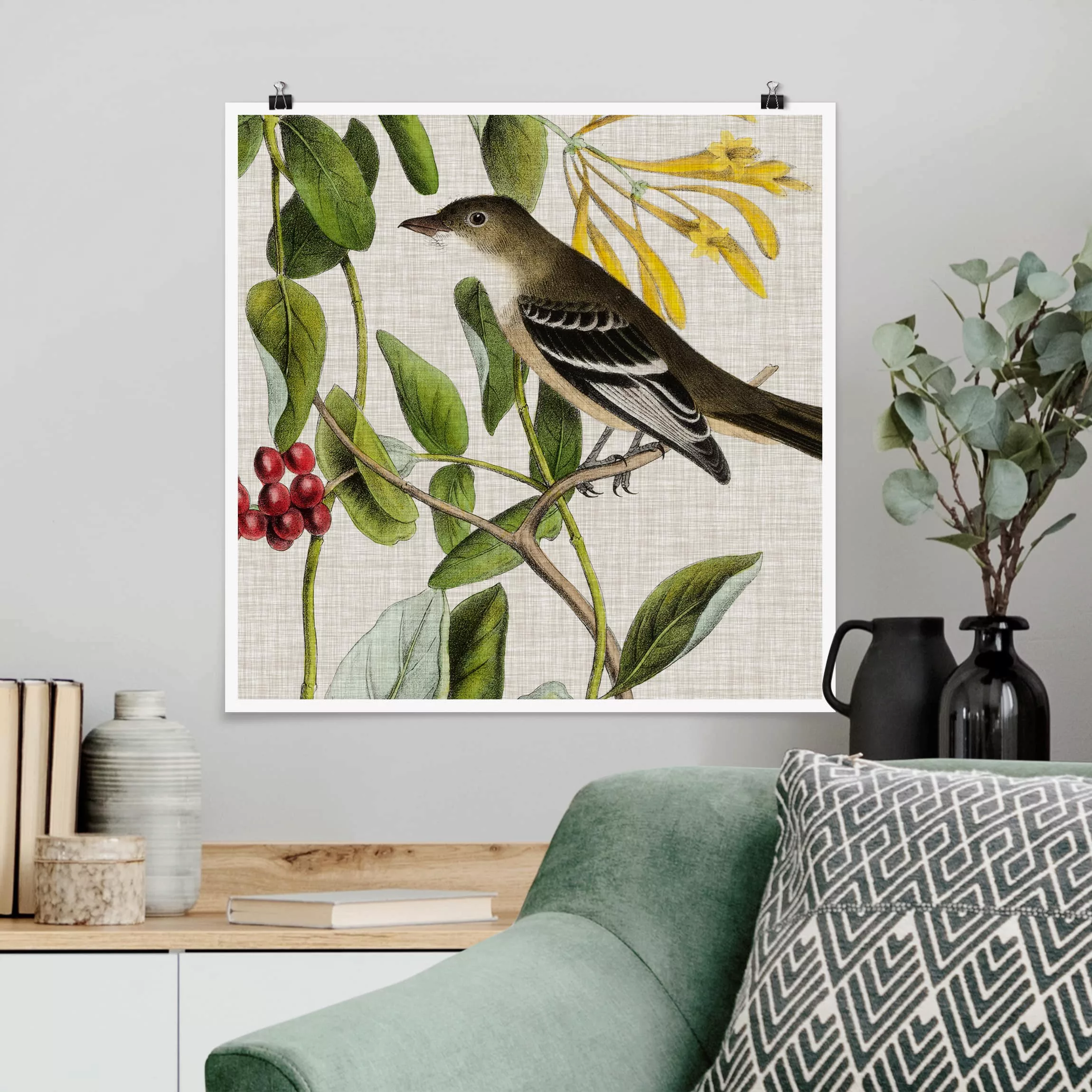 Poster Blumen - Quadrat Vogel auf Leinen Gelb II günstig online kaufen