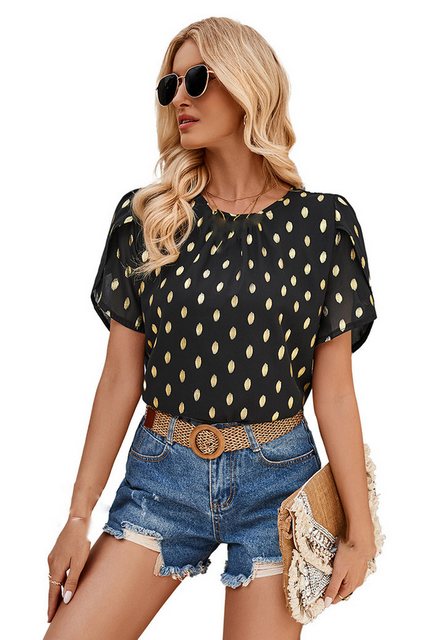 CHENIN Kurzarmhemd Damen Sommer Rundhalsausschnitt plissiertes Polka Dot T- günstig online kaufen