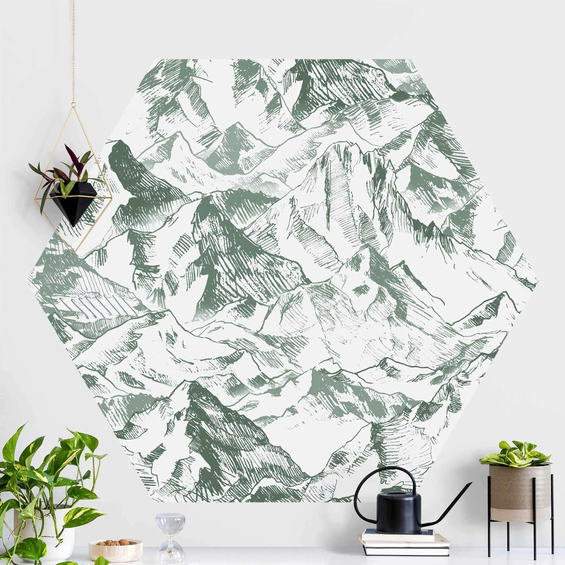 Hexagon Mustertapete selbstklebend Illustration Berglandschaft Grün günstig online kaufen