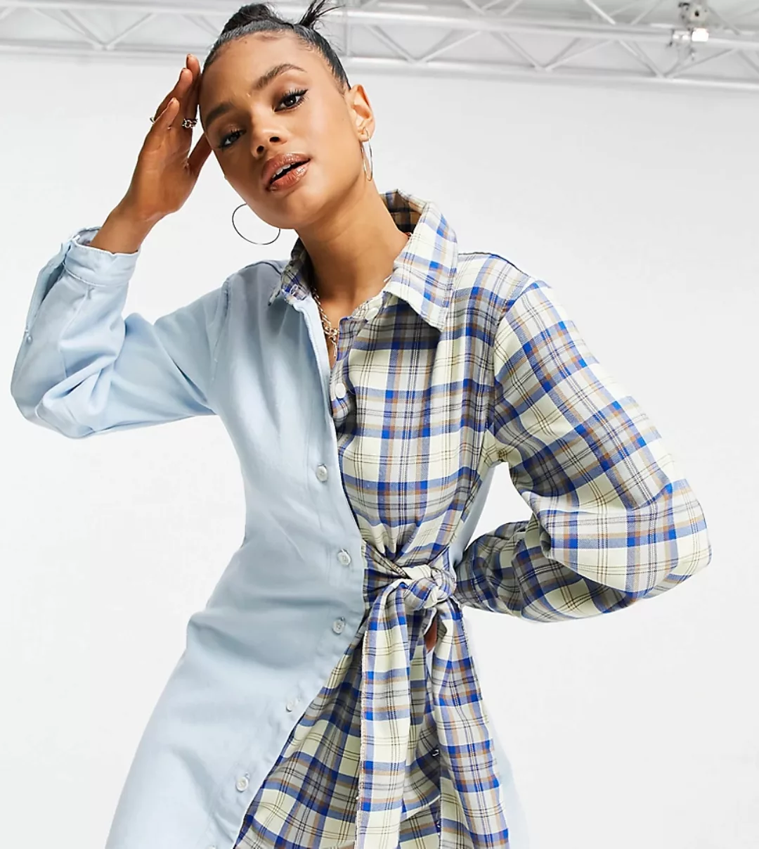 Missguided – Jeanskleid mit Bindegürtel in Blau und kontrastierendem Karomu günstig online kaufen