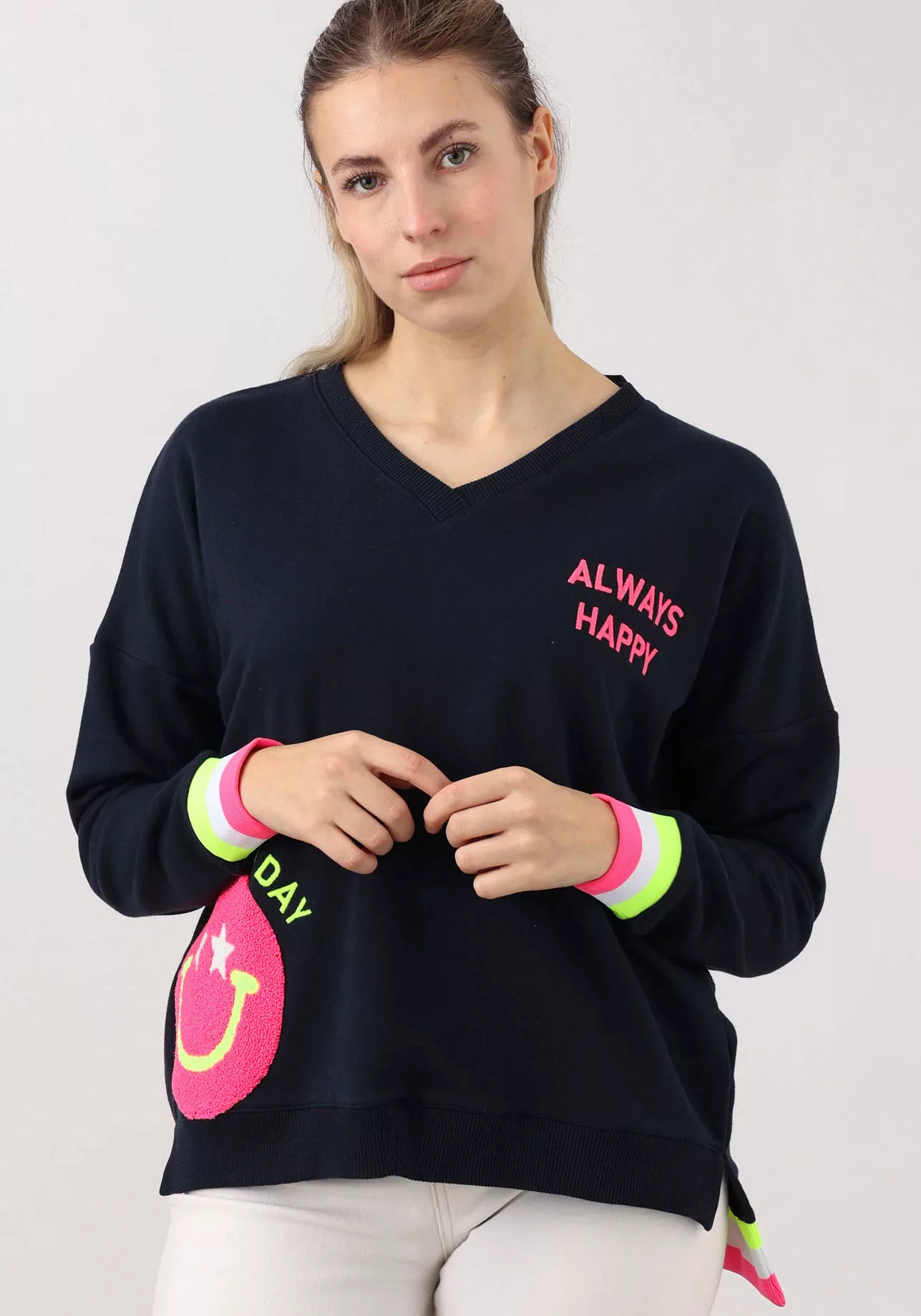 Zwillingsherz Sweatshirt mit V-Ausschnitt und Aufdruck in Neonfarben günstig online kaufen