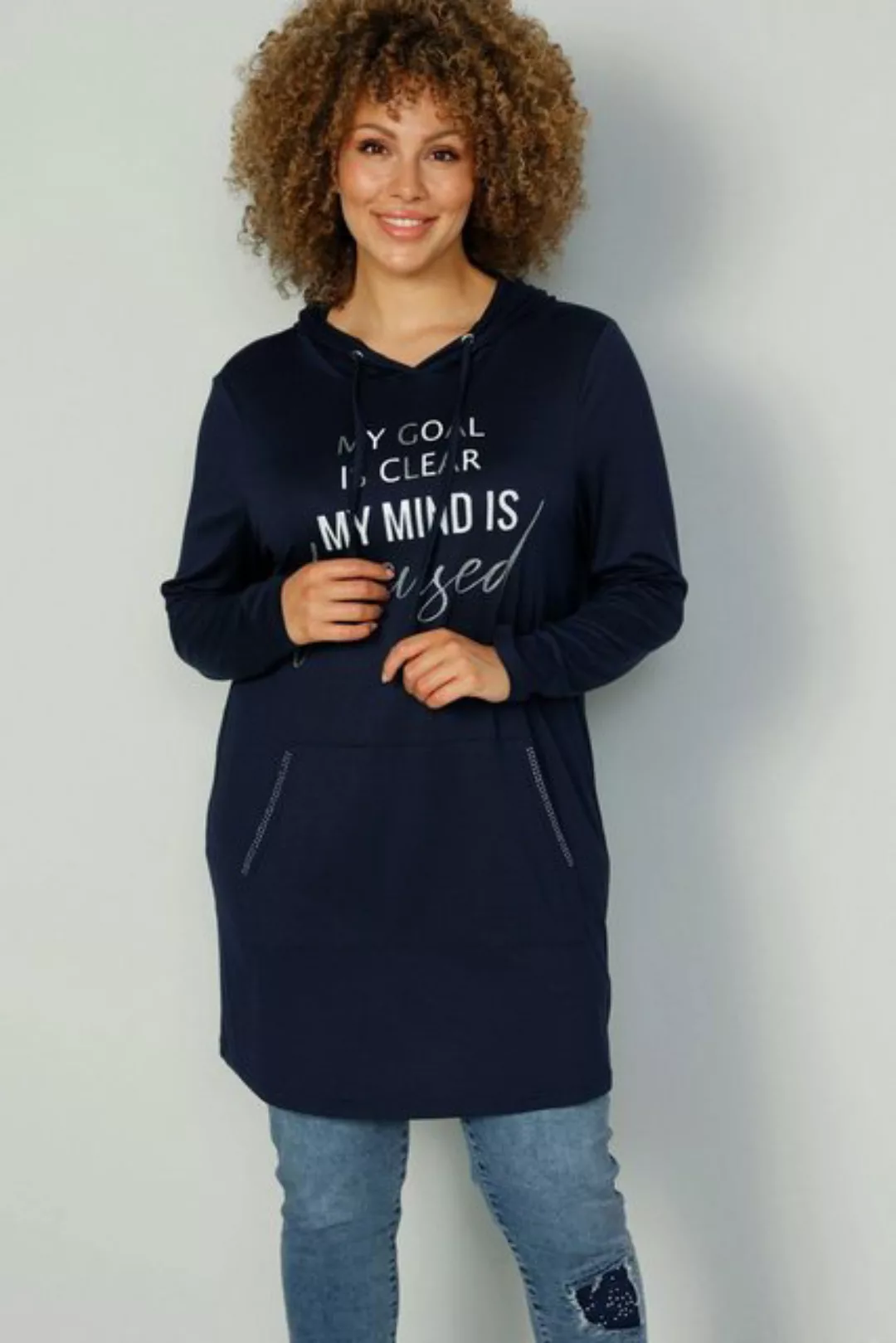 MIAMODA Longshirt Long-Hoodie Schriftzug Kapuze Langarm günstig online kaufen