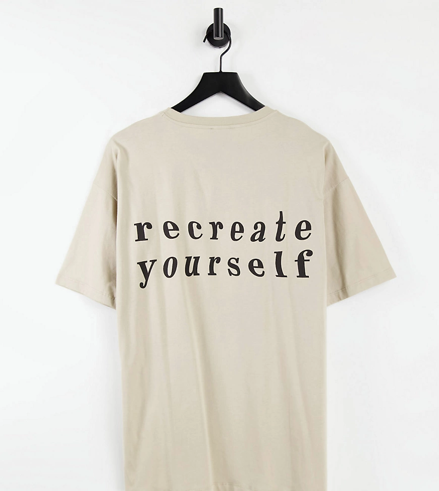 New Look – Oversize-T-Shirt in Stein mit „Recreate Yourself“-Print-Neutral günstig online kaufen