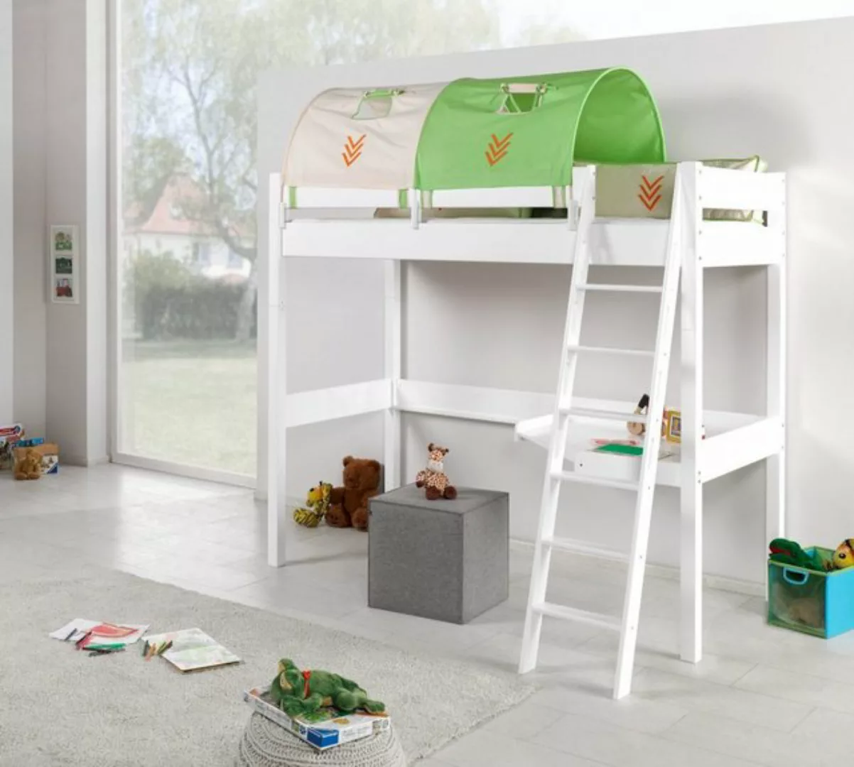 Natur24 Kinderbett Hochbett Renate Buche Massiv Weiß lackiert mit Schreibti günstig online kaufen