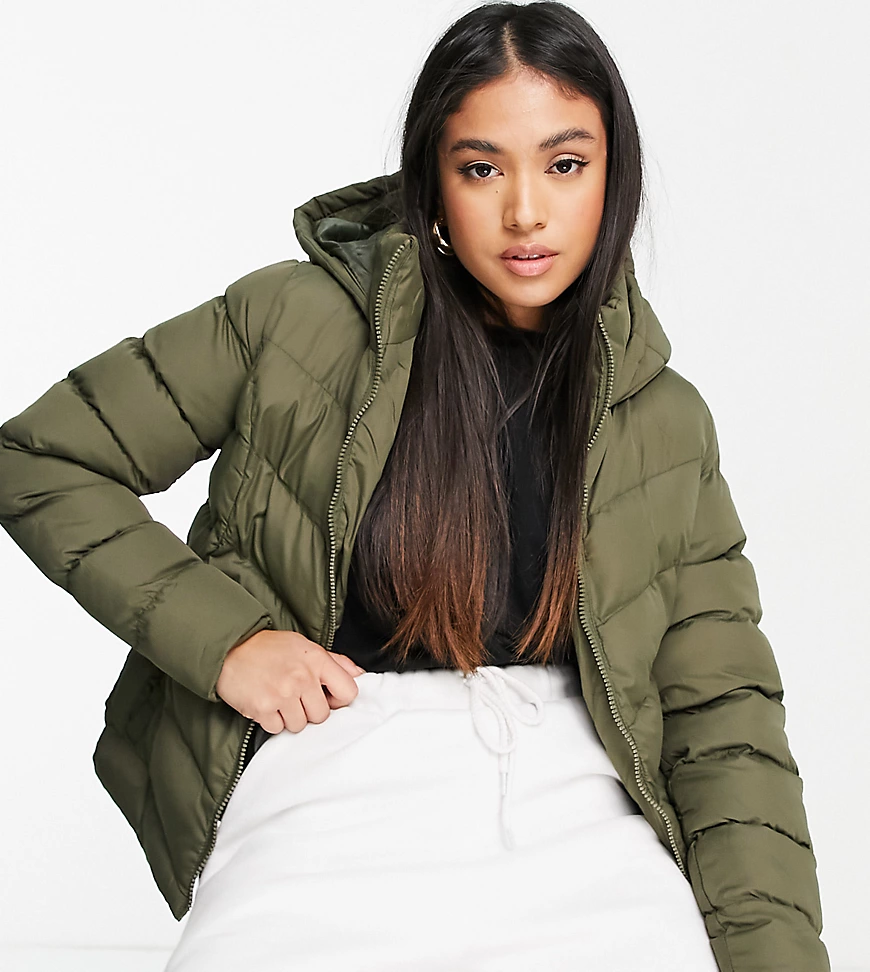 Threadbare Petite – Tigger – Leichte Steppjacke in Khaki mit Kapuze-Schwarz günstig online kaufen