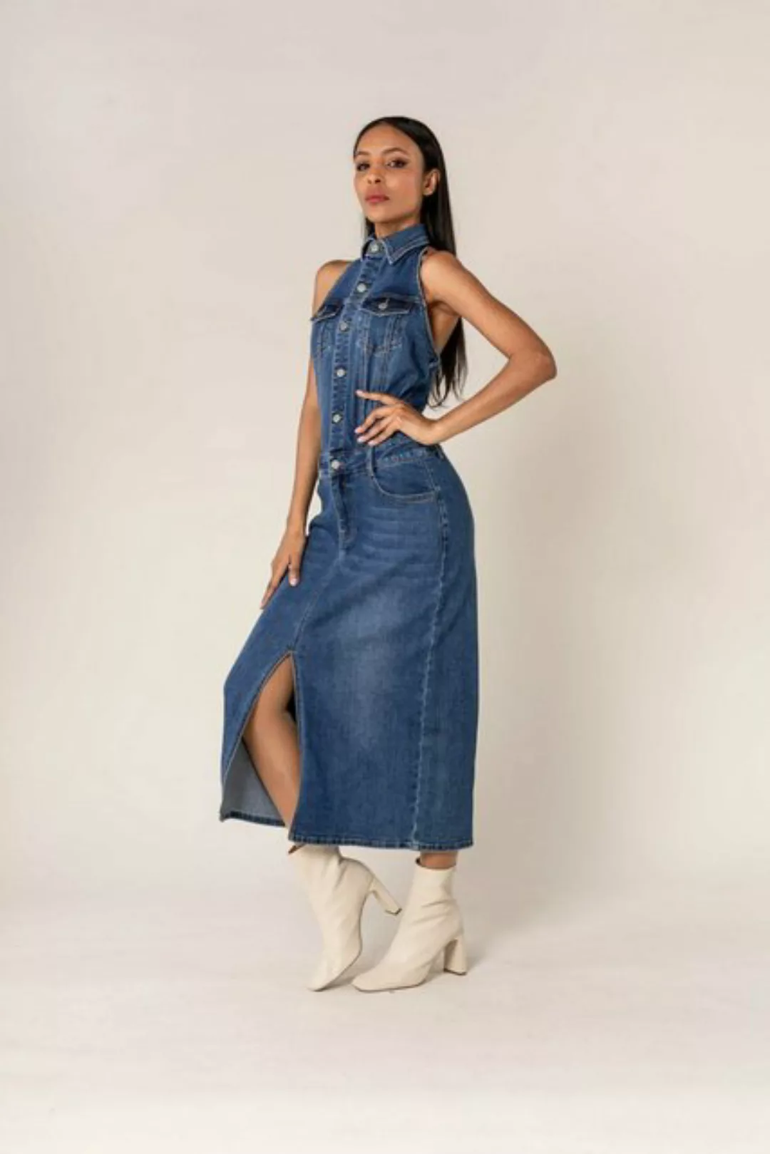 Nina Carter Shirtkleid Eleganter Neckholder Jeans Kleid Midi Rock Denim Dre günstig online kaufen