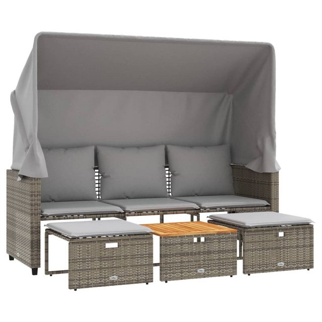 vidaXL Loungesofa Outdoor-Sofa 3-Sitzer mit Dach und Hockern Grau Poly Ratt günstig online kaufen