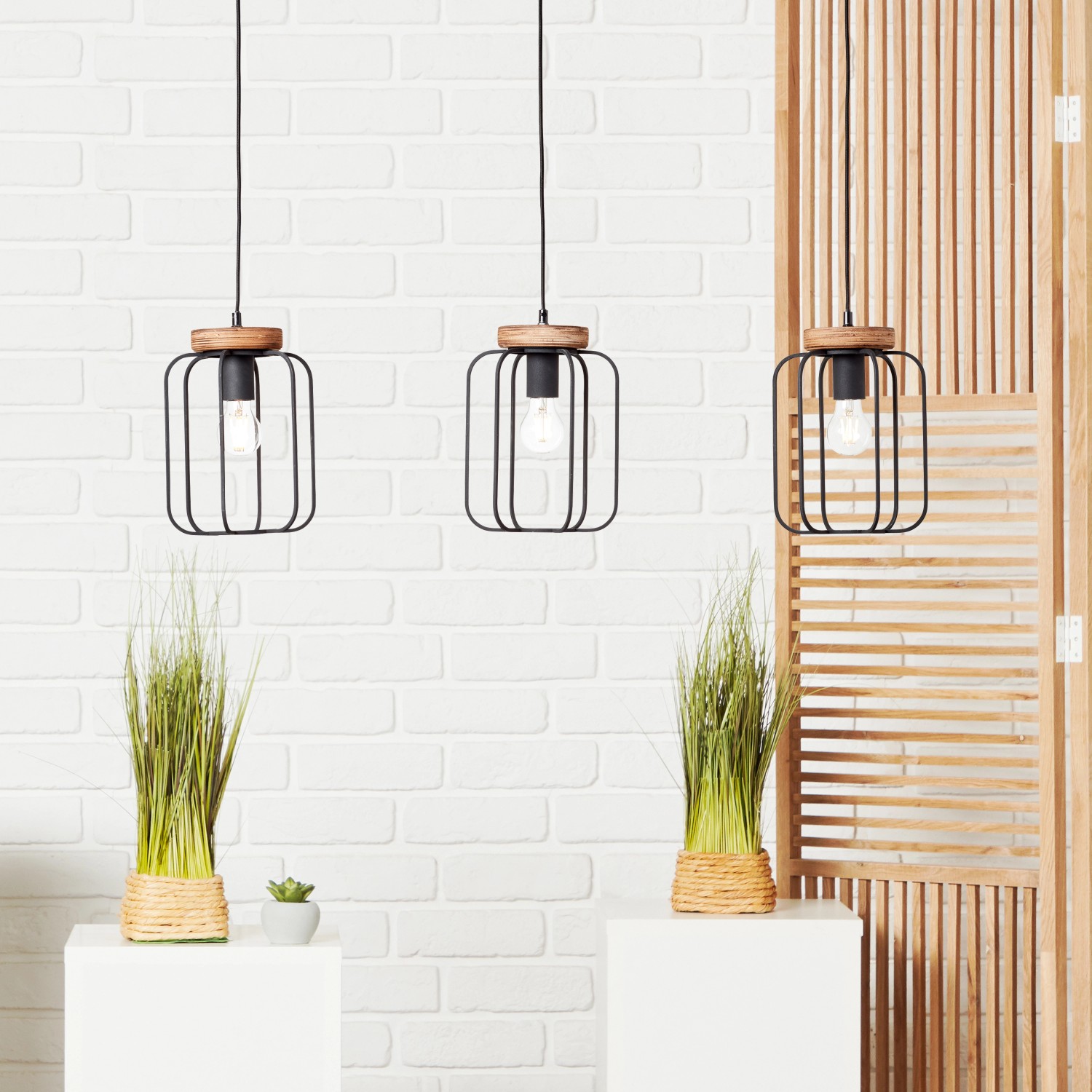 Brilliant Pendelleuchte Tosh Balken 3-flammig Holz und Schwarz Korund günstig online kaufen