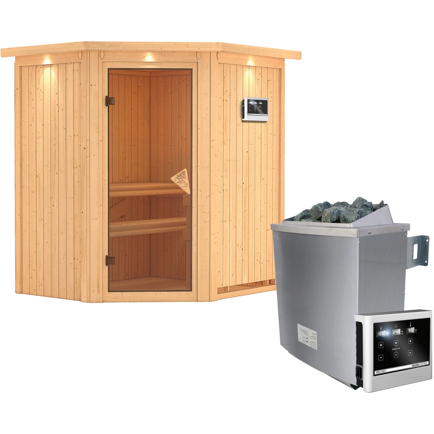 Karibu Sauna-Set Tjorven inkl. Ofen 9 kW mit ext. Steuerung, Dachkranz günstig online kaufen