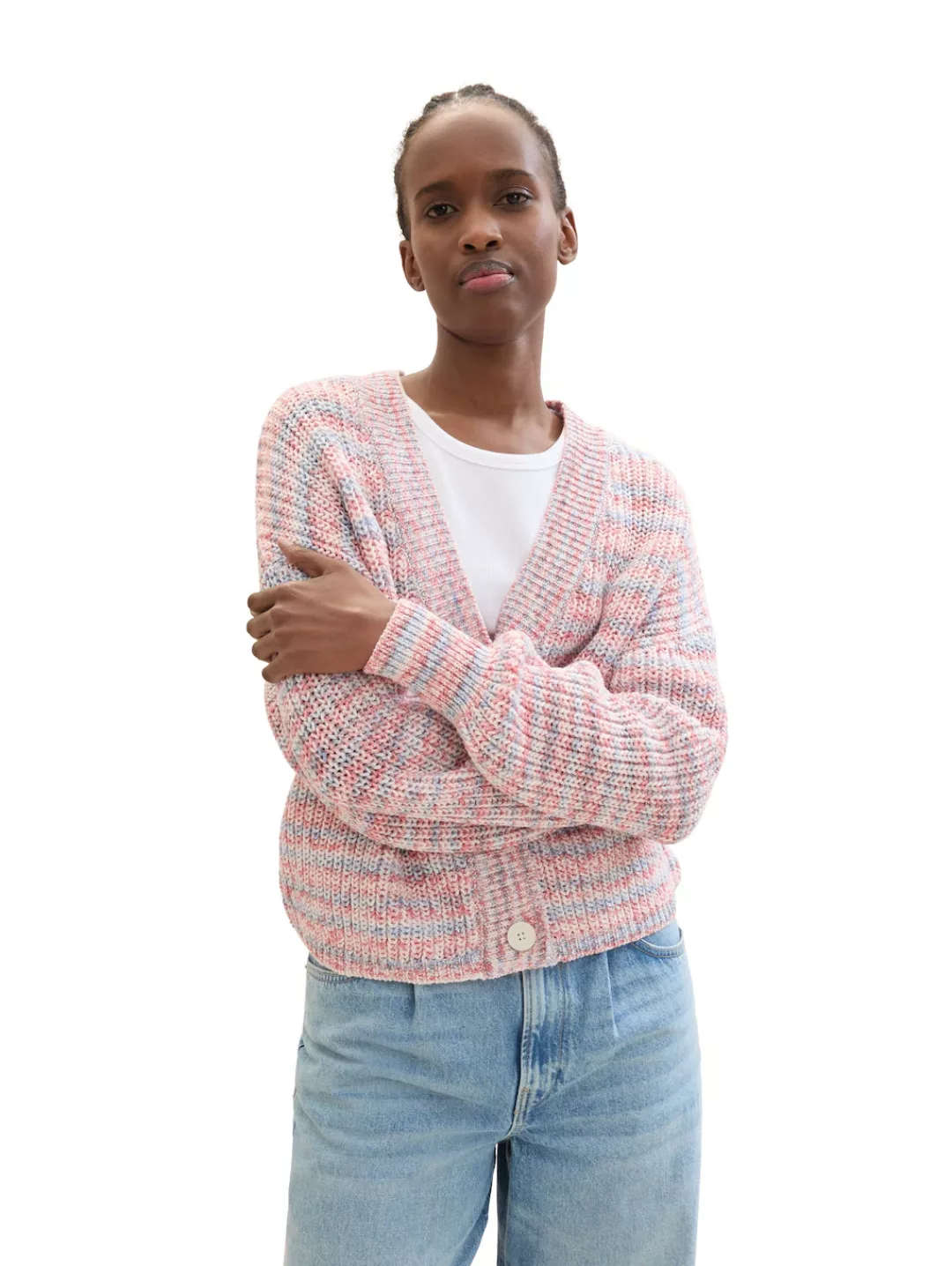 TOM TAILOR Denim Strickjacke in Multicolor und mit tiefem V-Ausschnitt günstig online kaufen