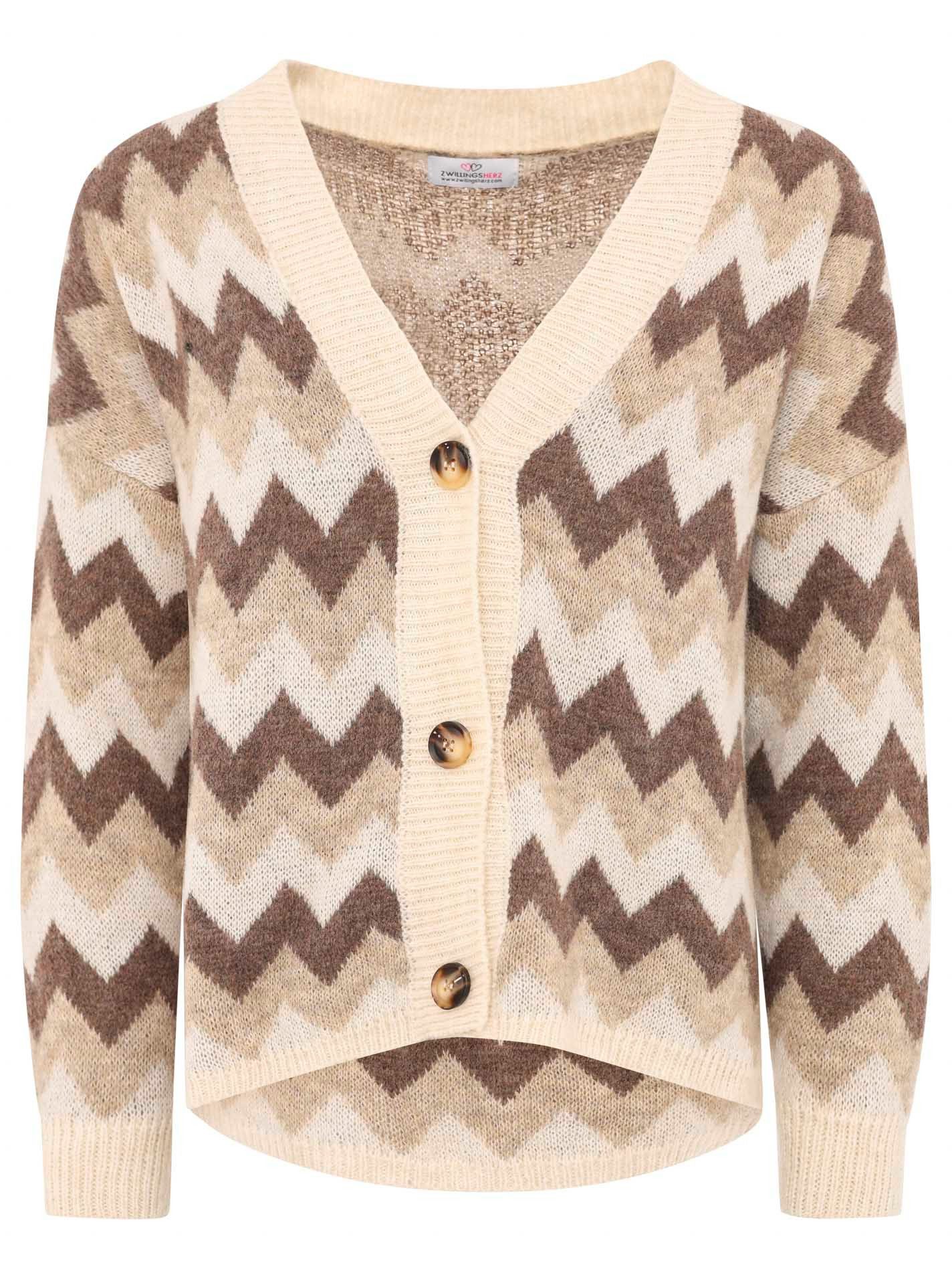Zwillingsherz Strickjacke Langarm, Zick-Zack-Muster, Knopfleiste, tiefer günstig online kaufen