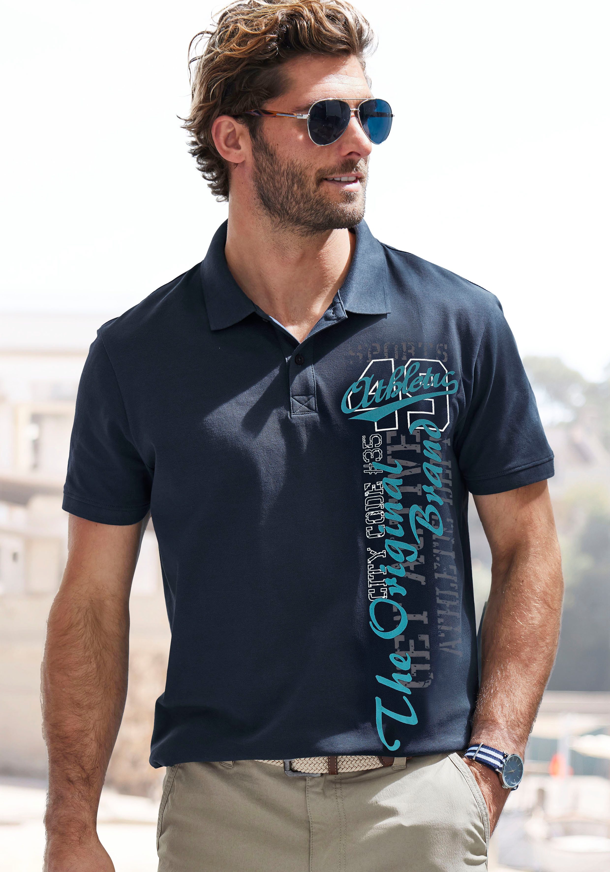 John Devin Poloshirt, mit großem Druck vorn aus Baumwoll-Piqué günstig online kaufen
