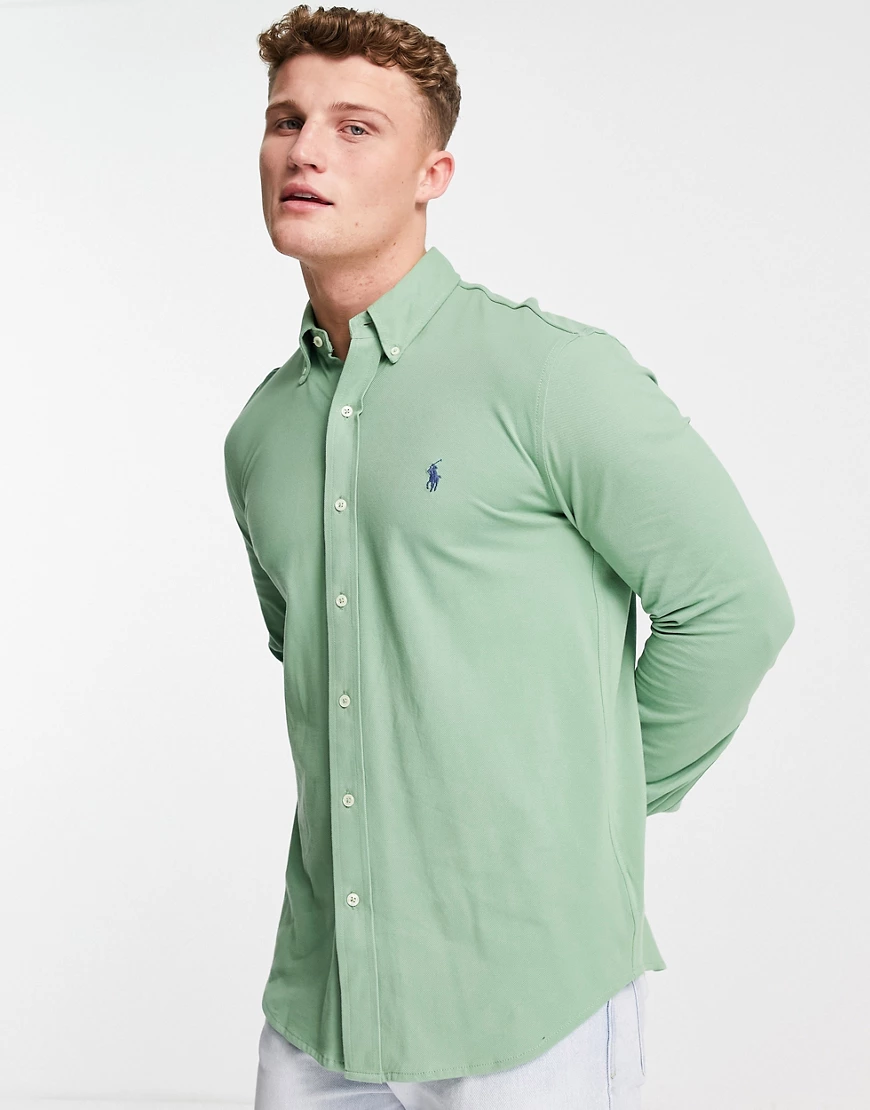 Polo Ralph Lauren – Pikee-Hemd in Grün mit schmalem Schnitt und Markenlogo günstig online kaufen