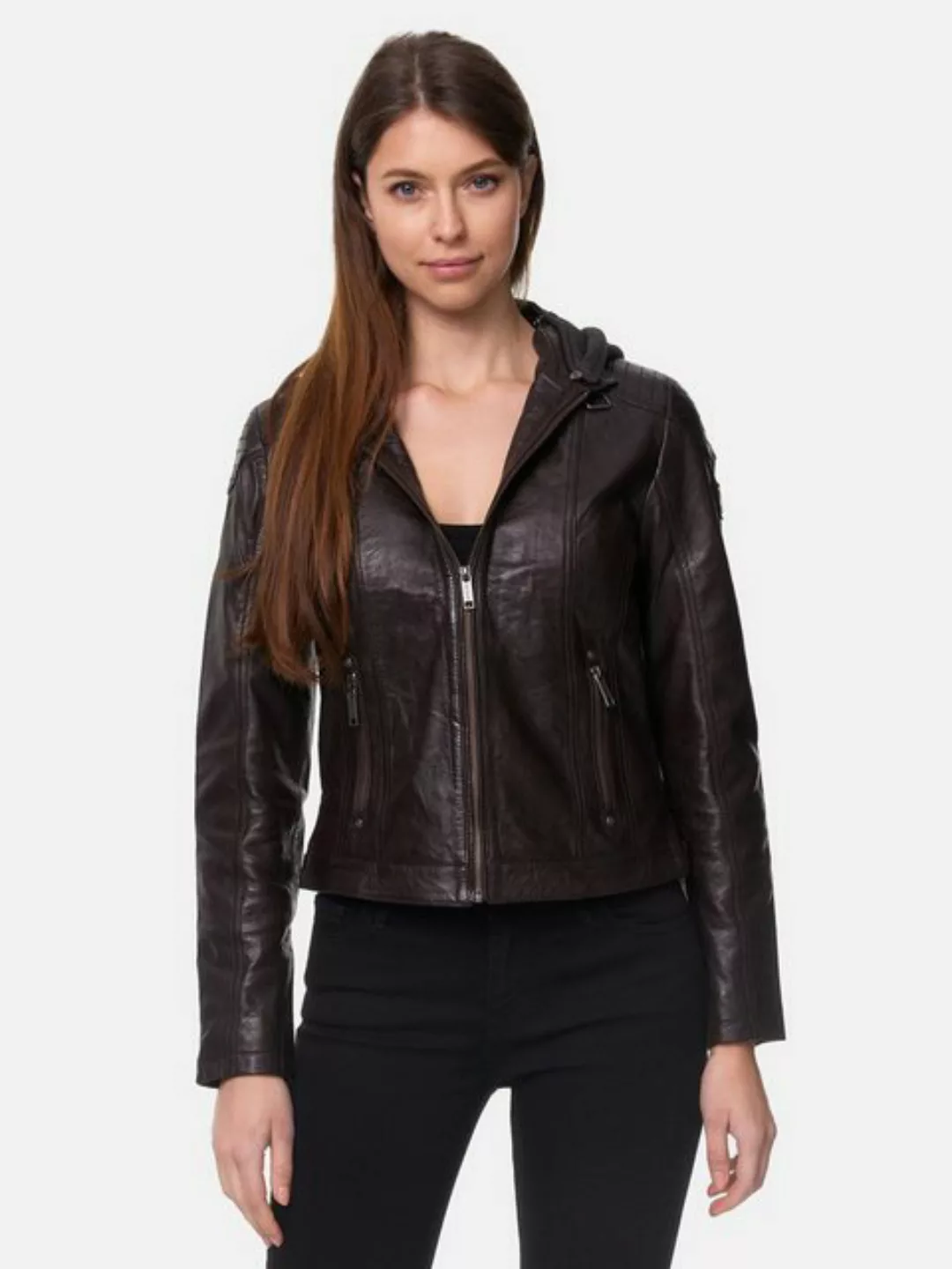 Tazzio Lederjacke F503 Damen Leder Jacke im Biker Look mit abnehmbarer Kapu günstig online kaufen