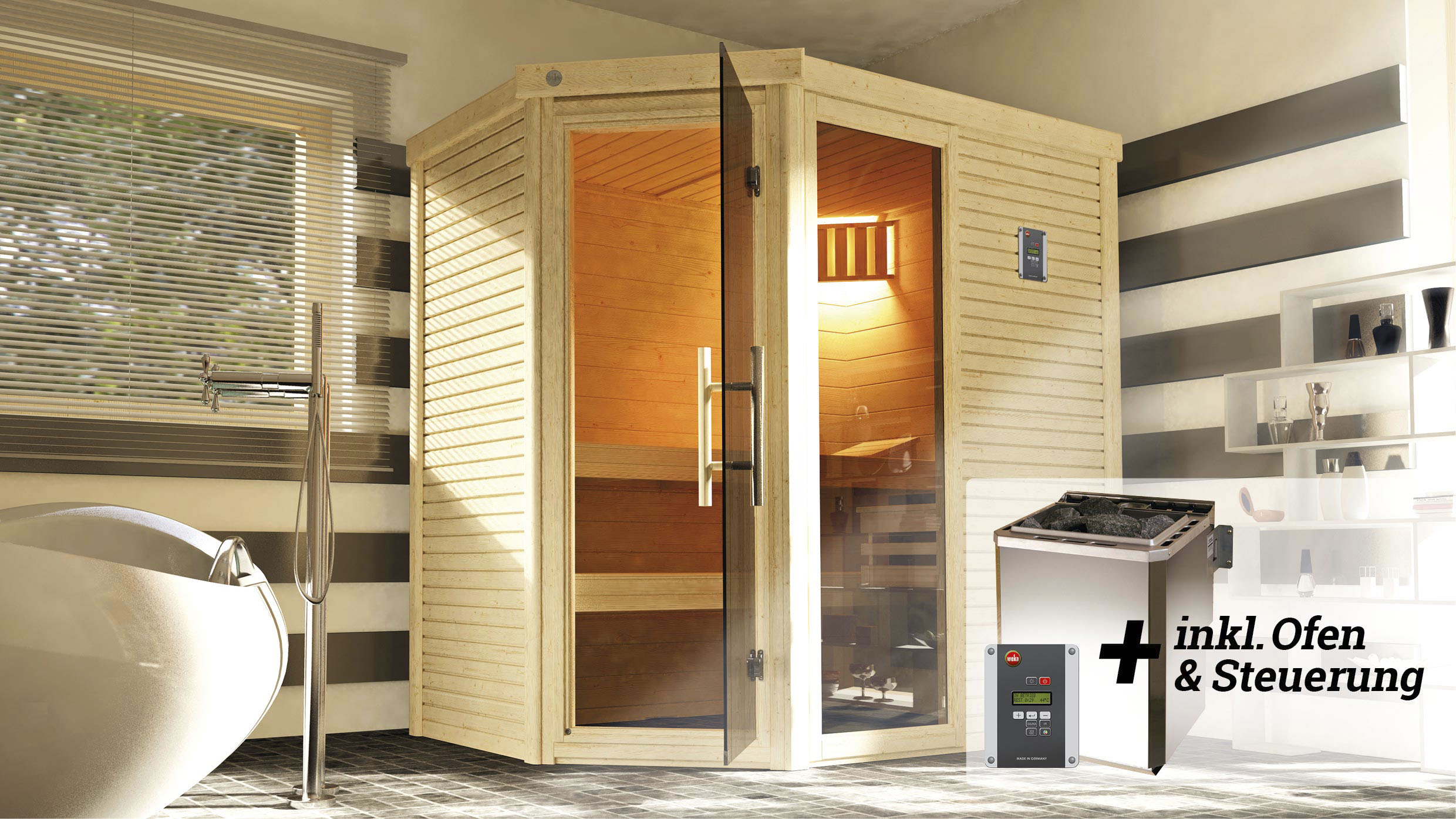 Weka Design-Sauna Cubilis 2 Sparset 7,5 kW BioS digi. Steuerung Glastür Fen günstig online kaufen