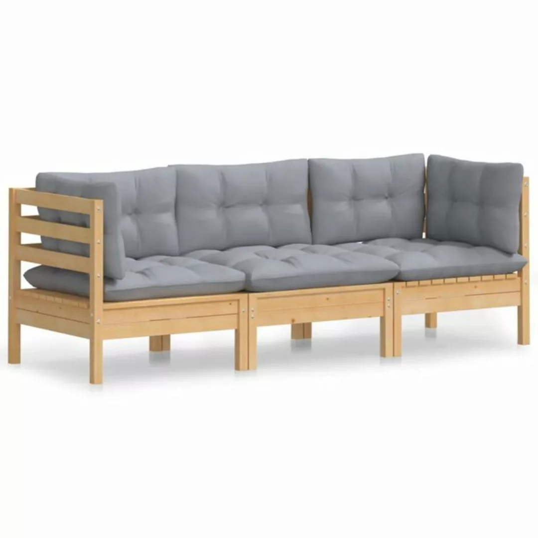 vidaXL Sofa, 3-Sitzer-Gartensofa mit Grauen Kissen Massivholz Kiefer günstig online kaufen