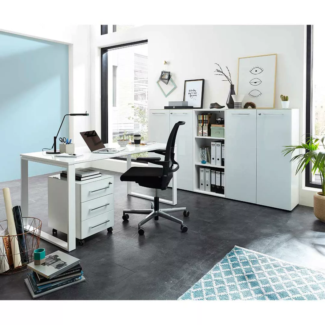 Arbeitszimmermöbel Set in Weiß Glas beschichtet (fünfteilig) günstig online kaufen