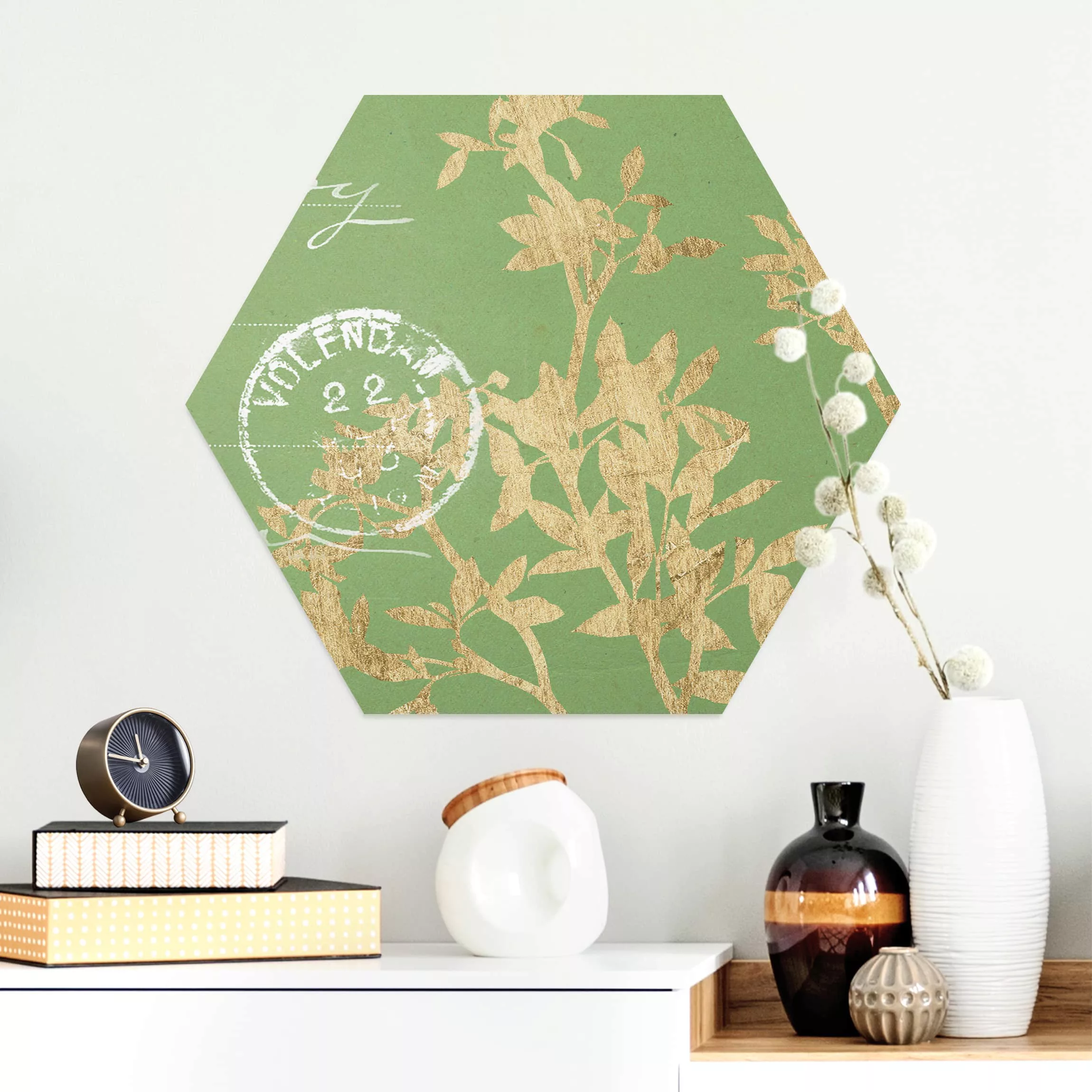 Hexagon-Alu-Dibond Bild Blumen Goldene Blätter auf Lind II günstig online kaufen