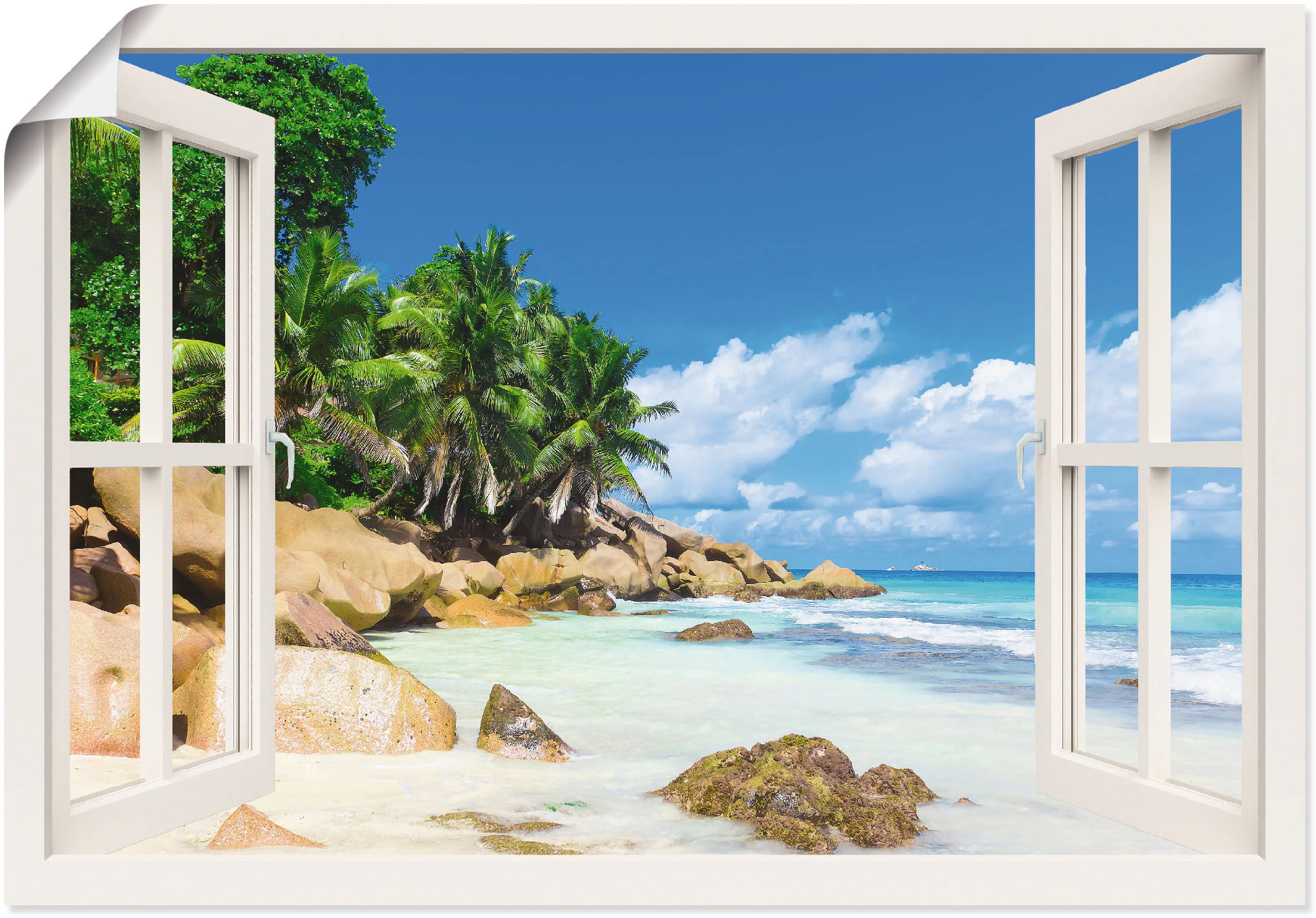 Artland Wandbild "Küste mit Palmen durchs Fenster", Karibikbilder, (1 St.), günstig online kaufen