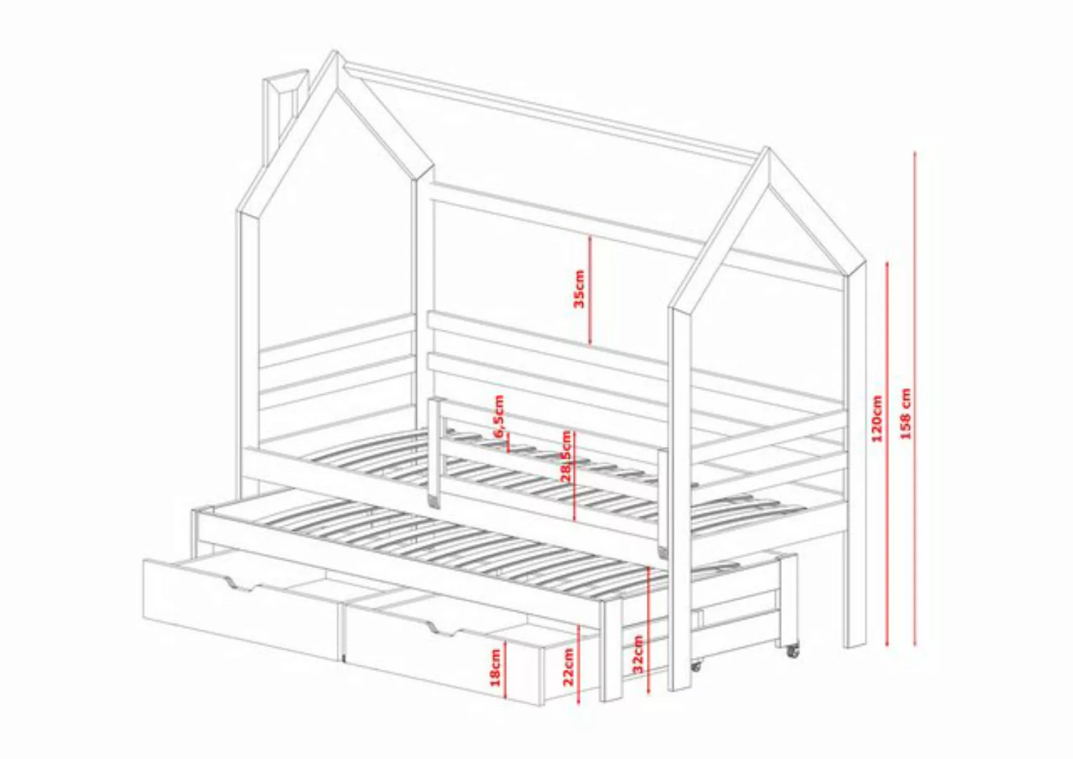 Kids Collective Hausbett 80x160, 90x200 cm Kinderbett mit Ausziehbett, Latt günstig online kaufen