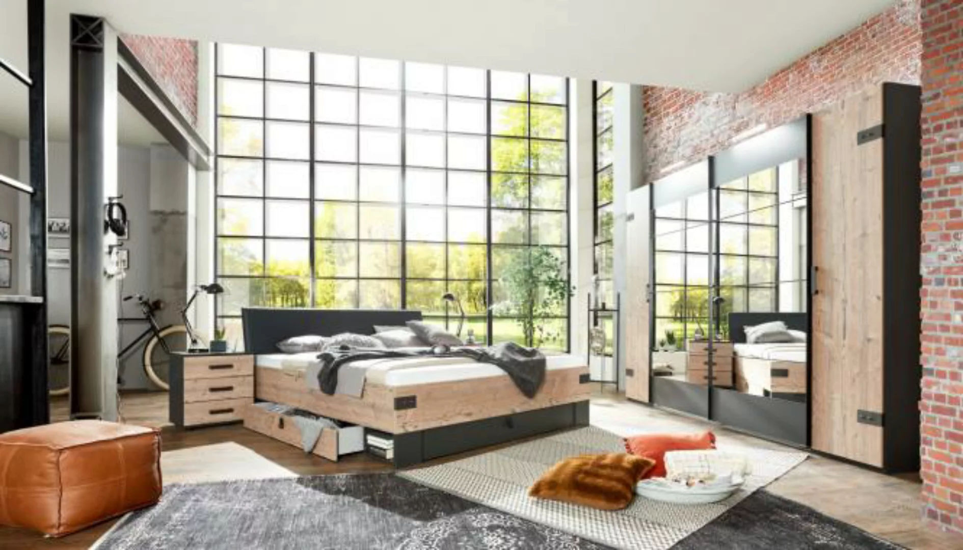 Schlafzimmer Industrial Stil 4-teilg, inkl. 180 x 200 Bett, Dreh-/Schwebetü günstig online kaufen