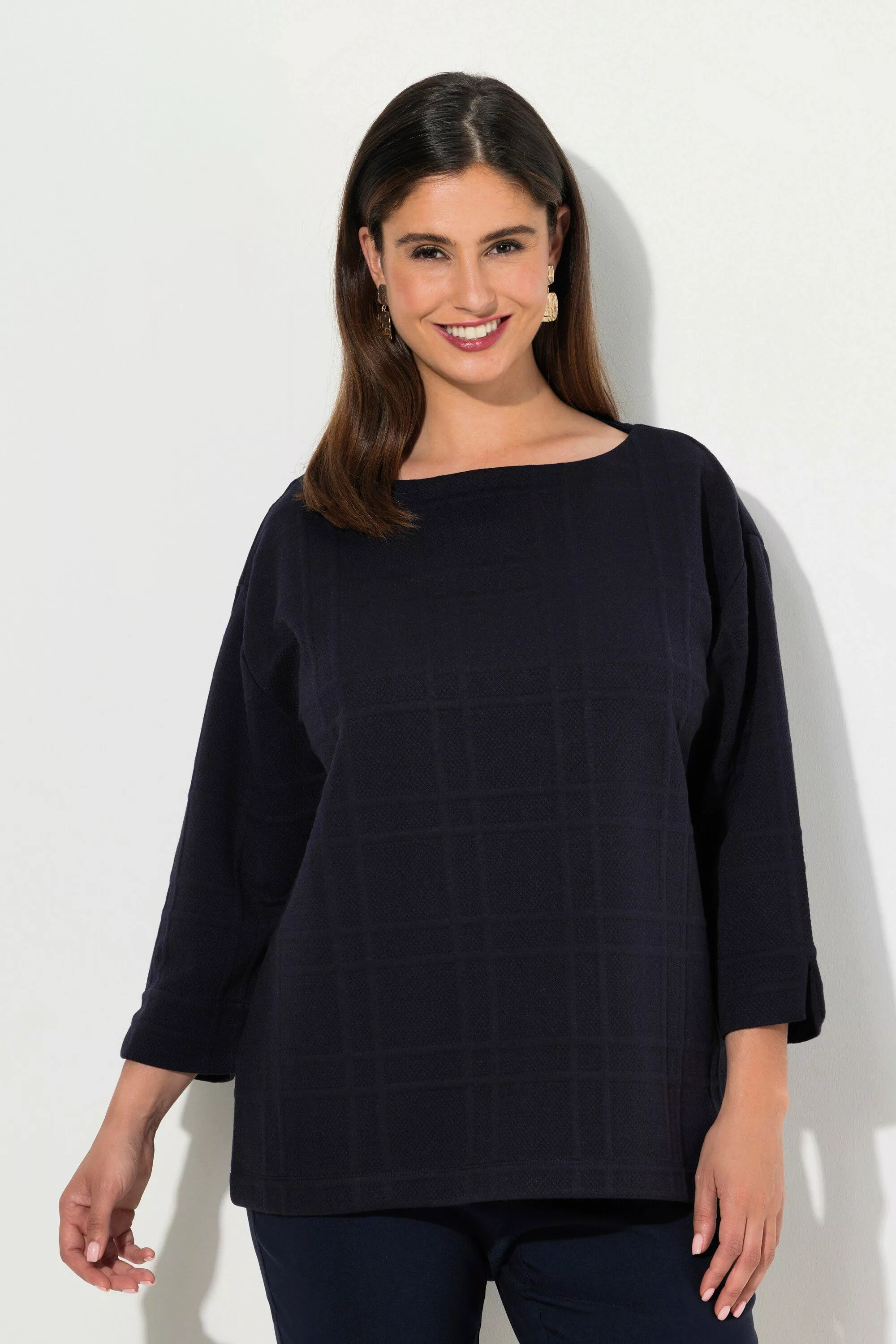 Ulla Popken Sweatshirt Sweatshirt Strukturkaro U-Boot-Ausschnitt günstig online kaufen