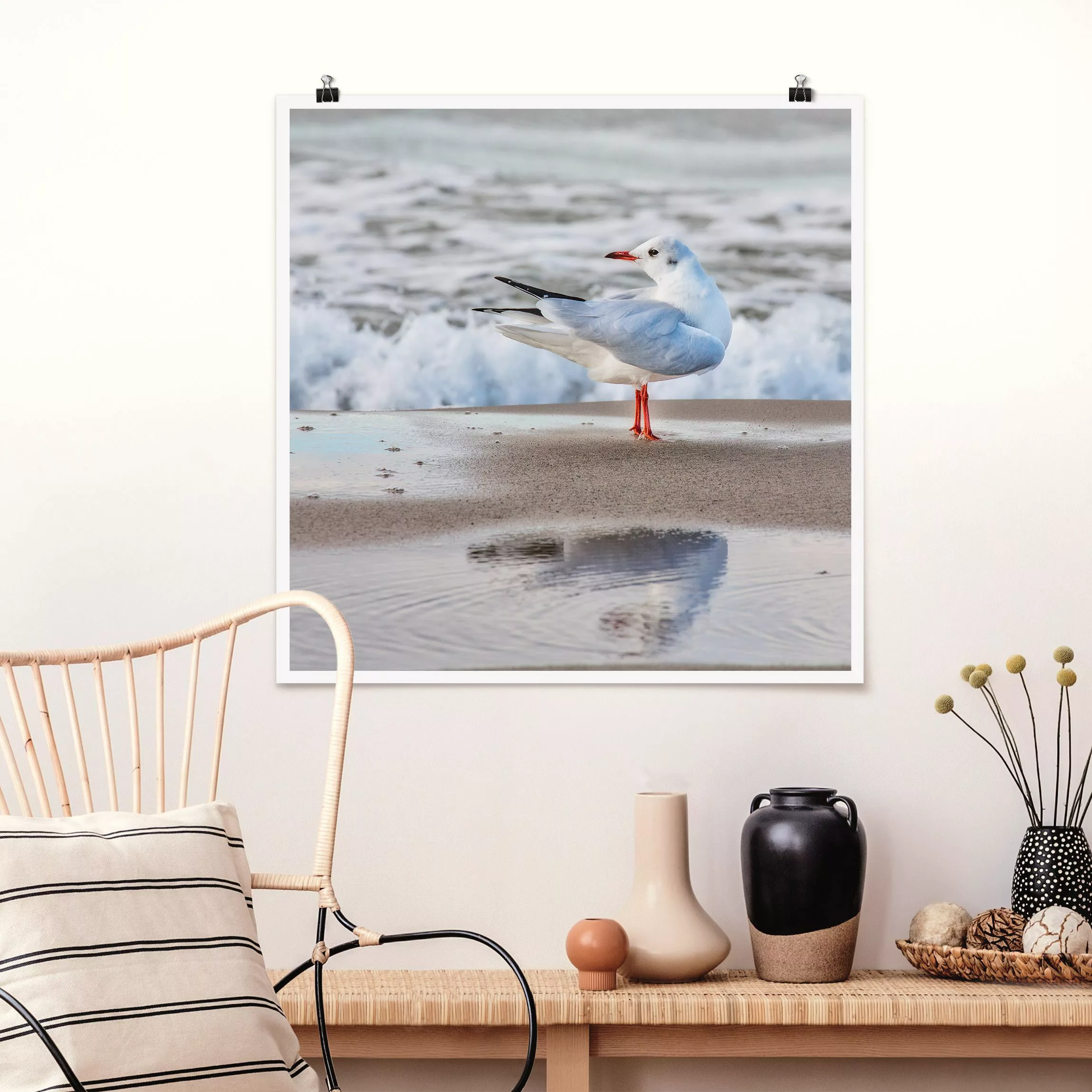 Poster Möwe am Strand vor Meer günstig online kaufen