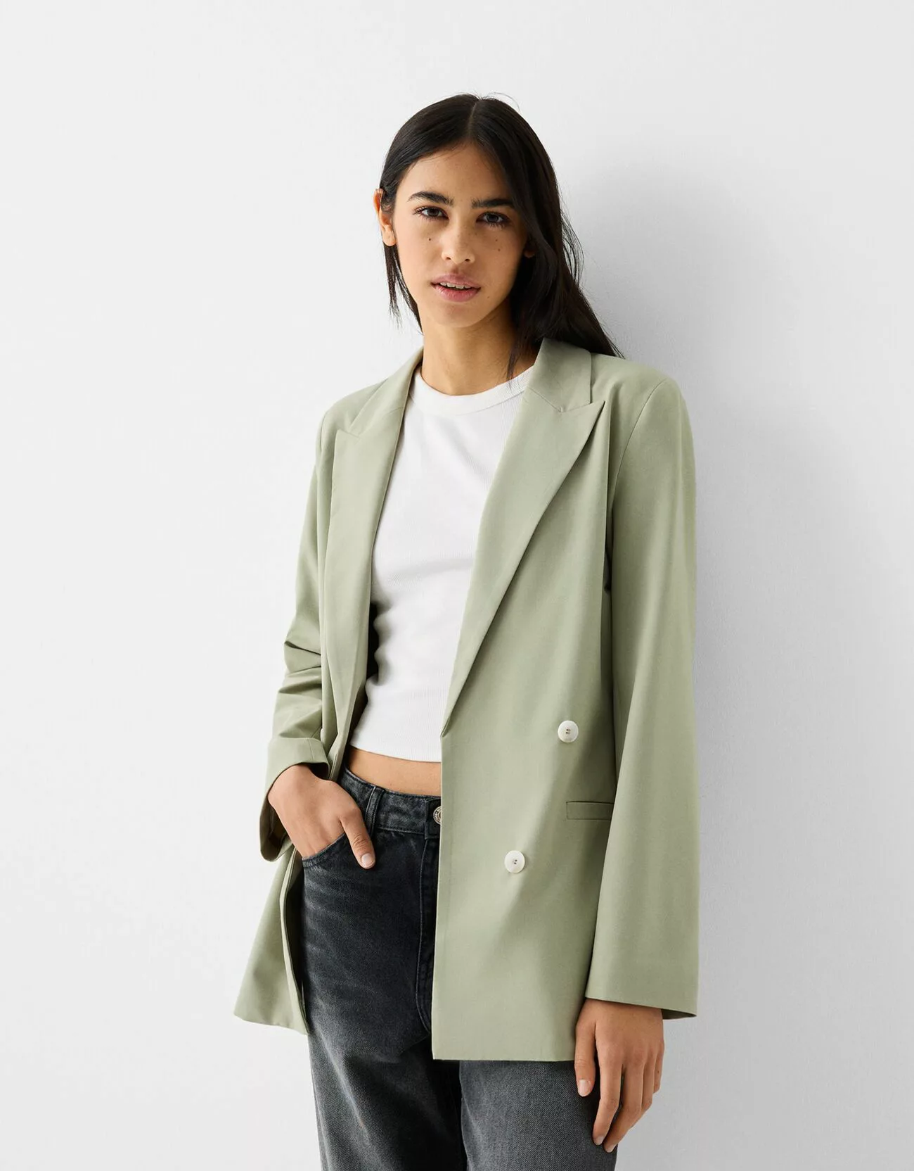 Bershka Fließender Slim-Fit-Blazer In Wickeloptik Damen L Grün günstig online kaufen