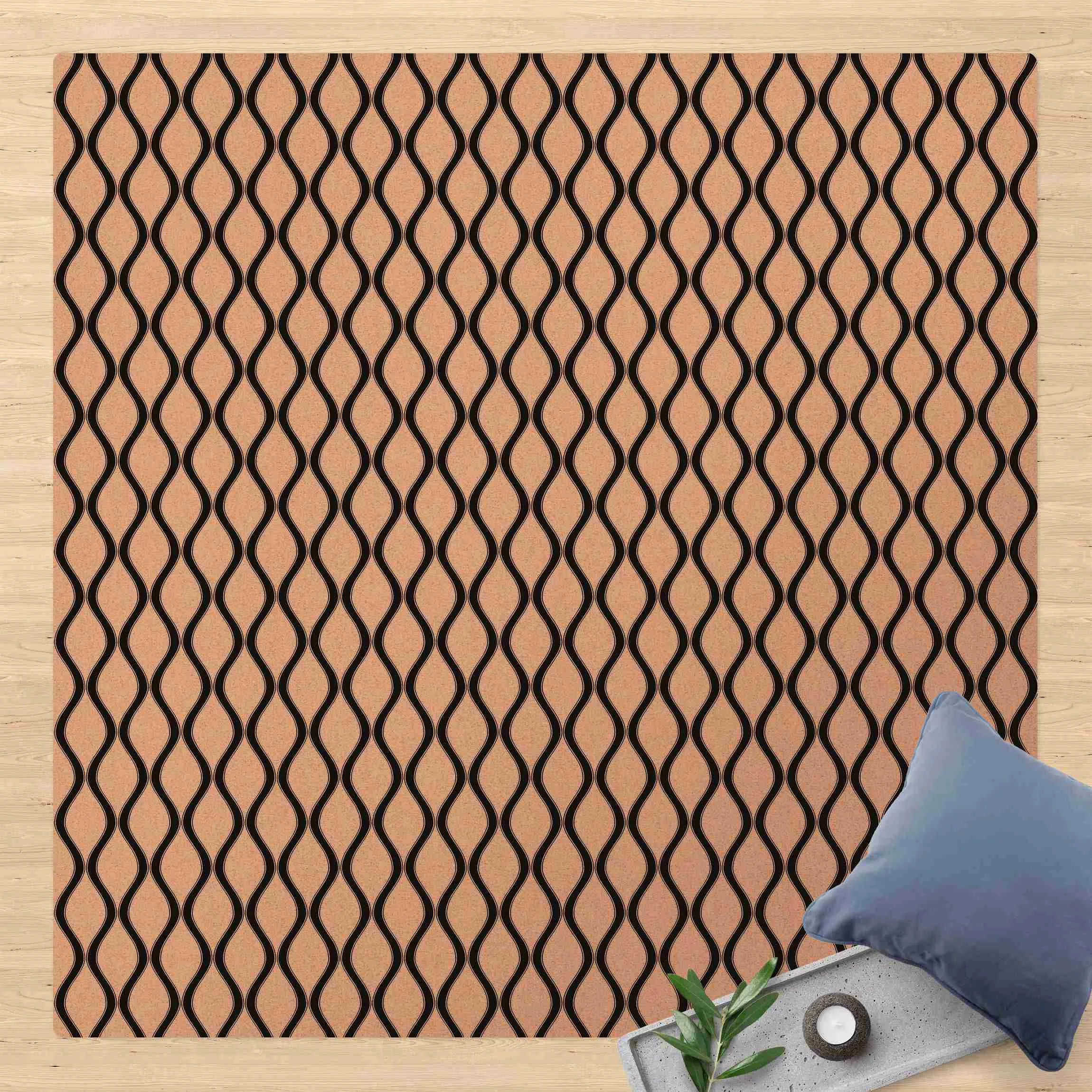 Kork-Teppich Retro Muster mit Wellen in Schwarz günstig online kaufen
